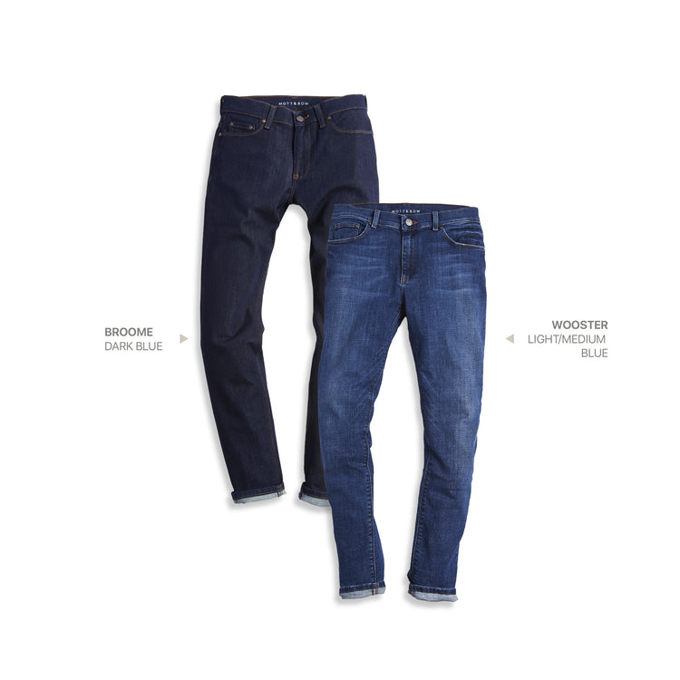  wearing Light/Medium Blue / Light Blue Slim Broome Dark Blue and Slim Wooster Light/Medium Blue 2-Pack Jeans