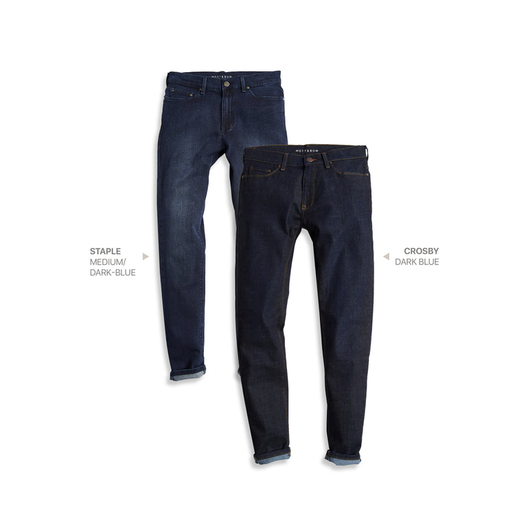  wearing Dark Blue / Medium/Dark Blue Slim Staple Medium/Dark Blue and Crosby Dark Blue 2-Pack Jeans