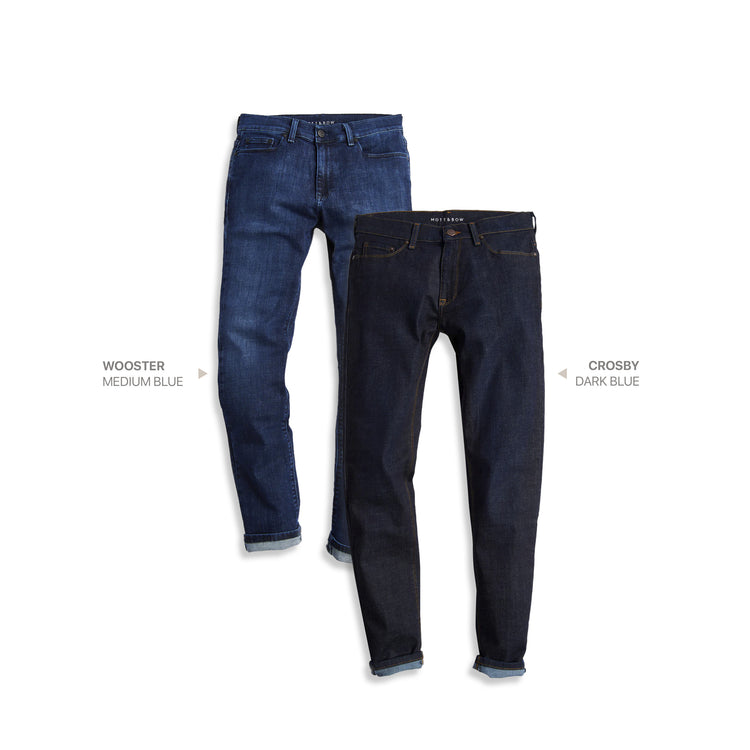  wearing Dark Blue/Medium Blue Slim Crosby Dark Blue and Wooster Medium Blue 2-Pack Jeans