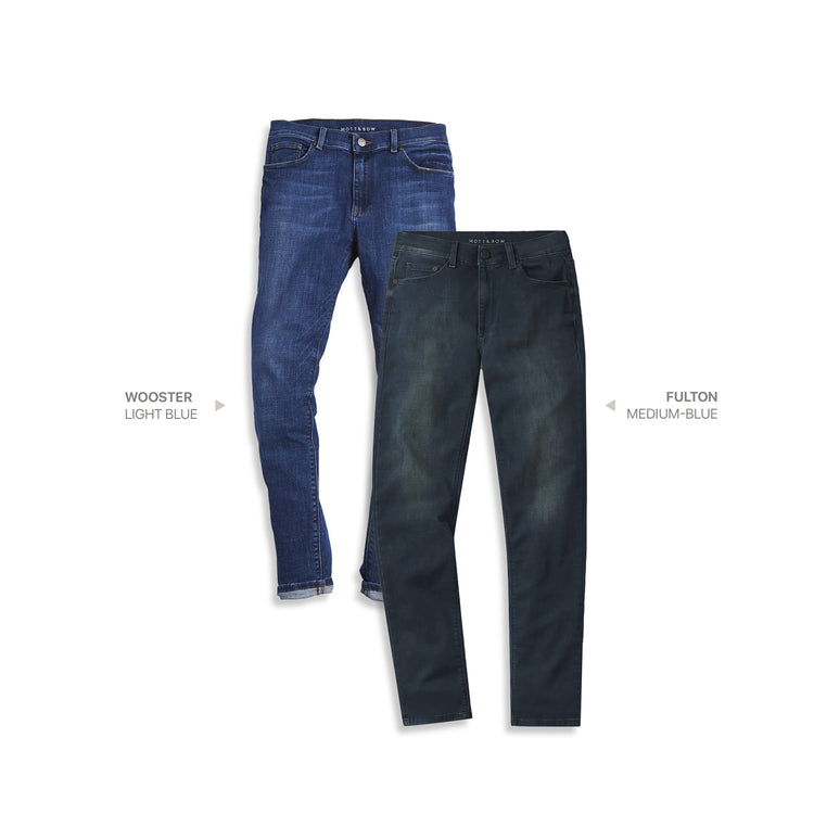  wearing Light/Medium Blue / Medium Blue Slim Wooster Light/Medium Blue and Fulton Medium Blue 2-Pack Jeans