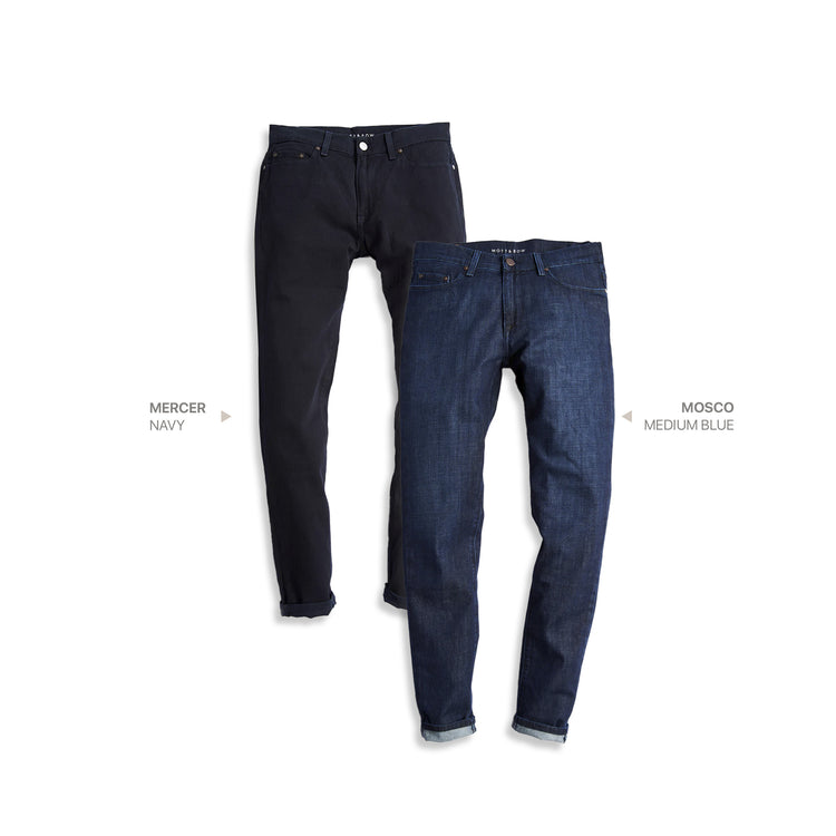  wearing Navy / Medium Blue Slim Mercer Navy and Mosco Medium Blue 2-Pack Jeans