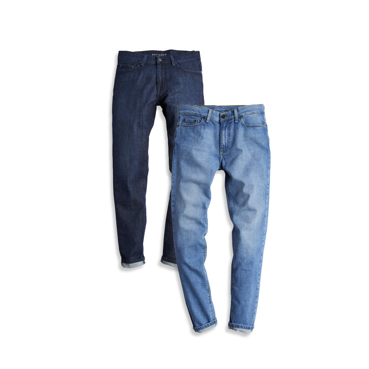  wearing Medium Blue/Light Blue Slim Mosco Medium Blue and Benson Light Blue 2-Pack Jeans