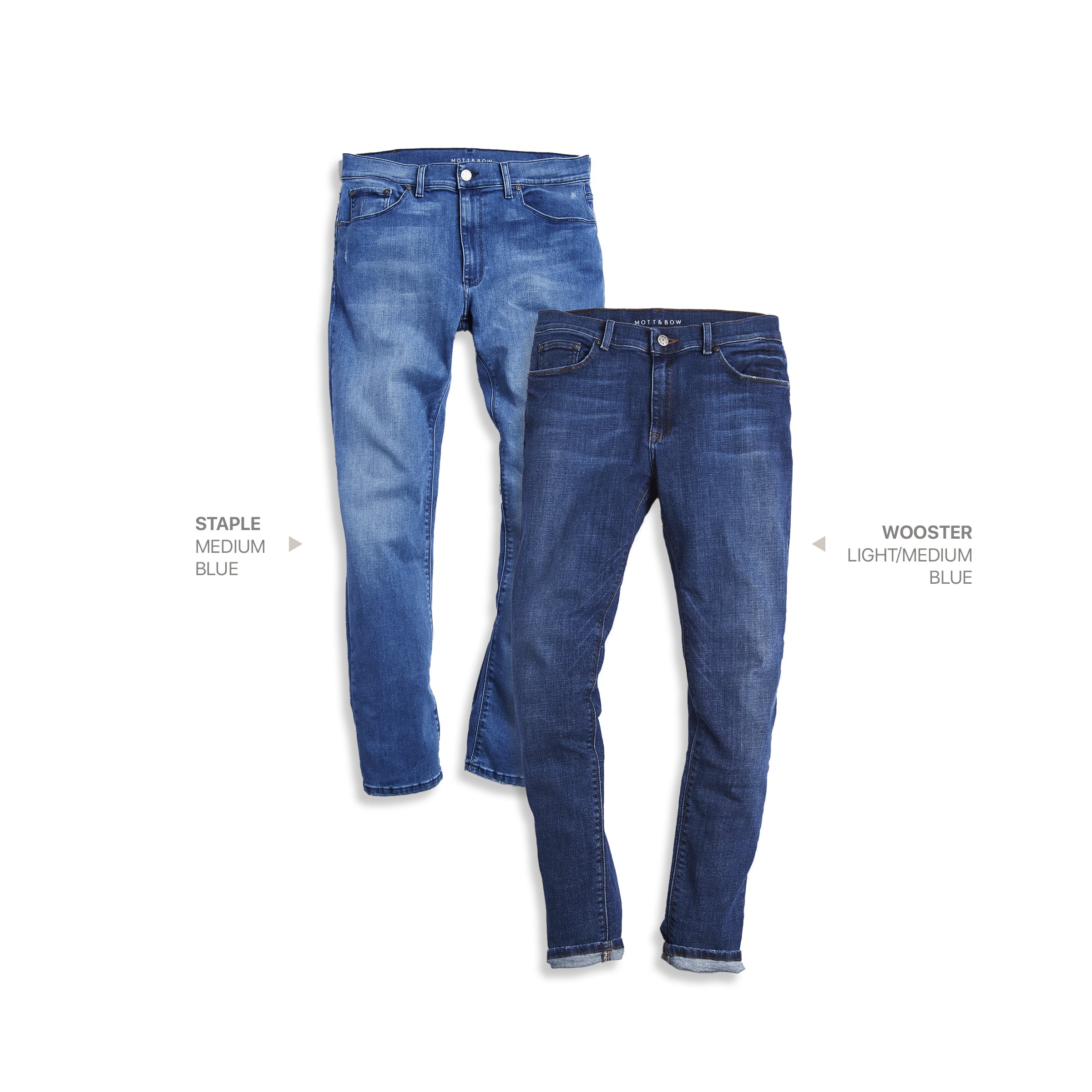  wearing Medium Blue / Light/Medium Blue Skinny Staple Medium Blue and Wooster Light/Medium Blue 2-Pack Jeans