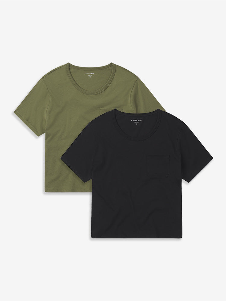 Women wearing Black/Rosemary Cotton Boxy Pocket Crew Neck Tee 2-Pack tees