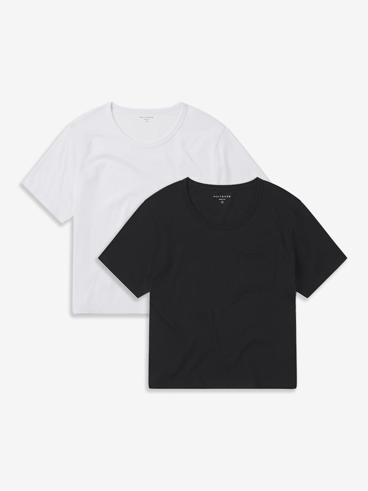 Women wearing White/Black The Cotton Boxy Pocket Crew Neck Tee 2-Pack tees