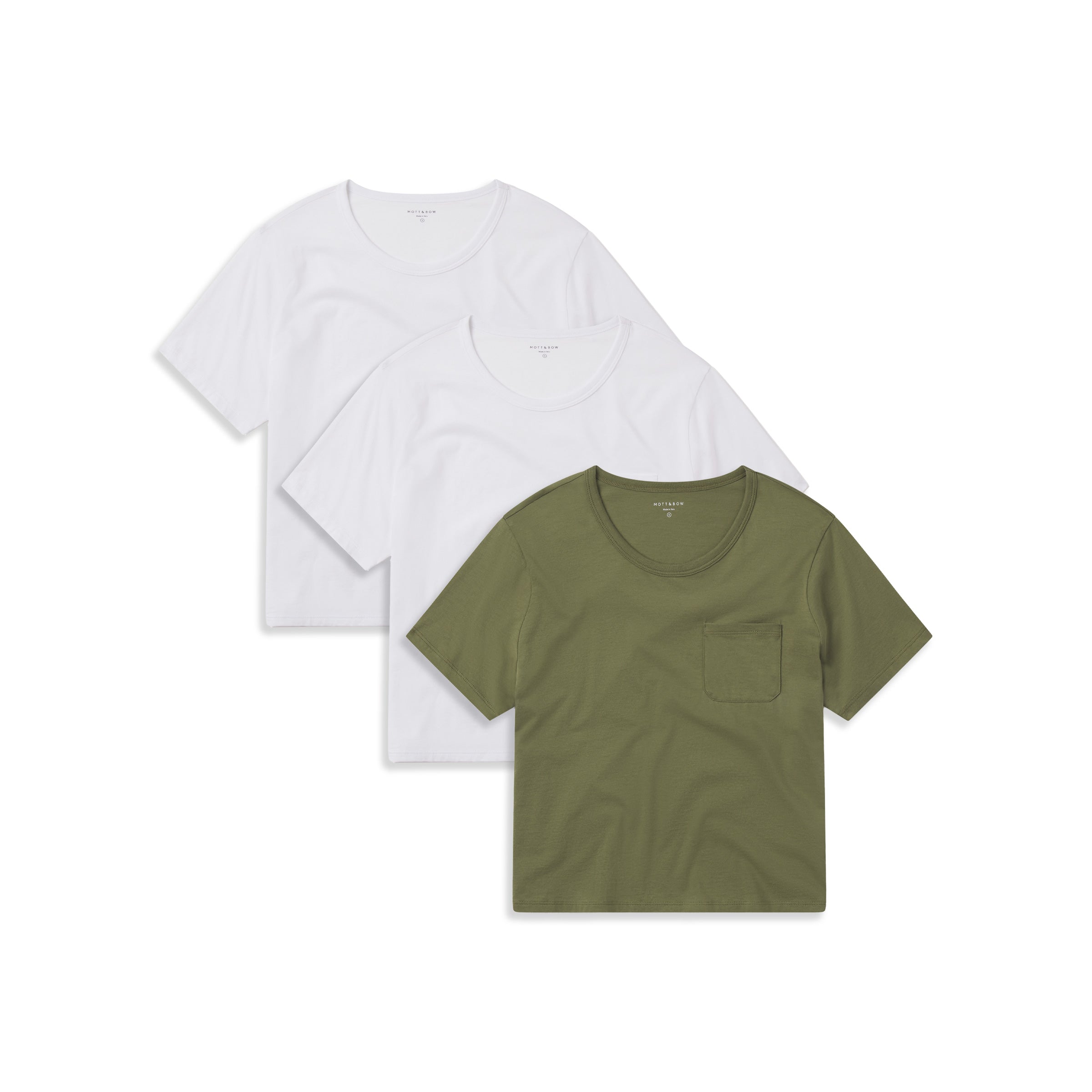  wearing 2 White/Rosemary The Cotton Boxy Pocket Crew Neck Tee 3-Pack