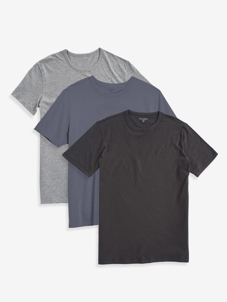 Men wearing Heather Gray/Gray Blue/Dark Gray Classic Crew Driggs 3-Pack tees