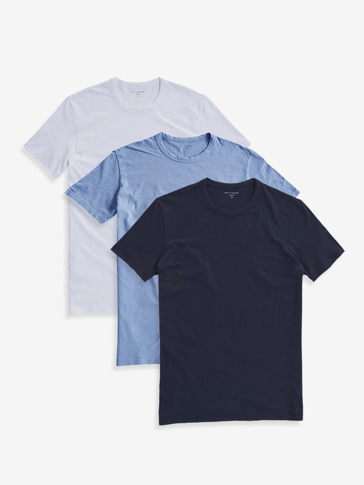 Men wearing White/Navy/California Blue Classic Crew Driggs 3-Pack tees