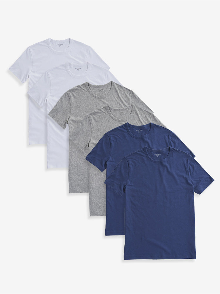 Men wearing White/Heather Gray/Baltic Blue Classic Crew Driggs 6-Pack tees