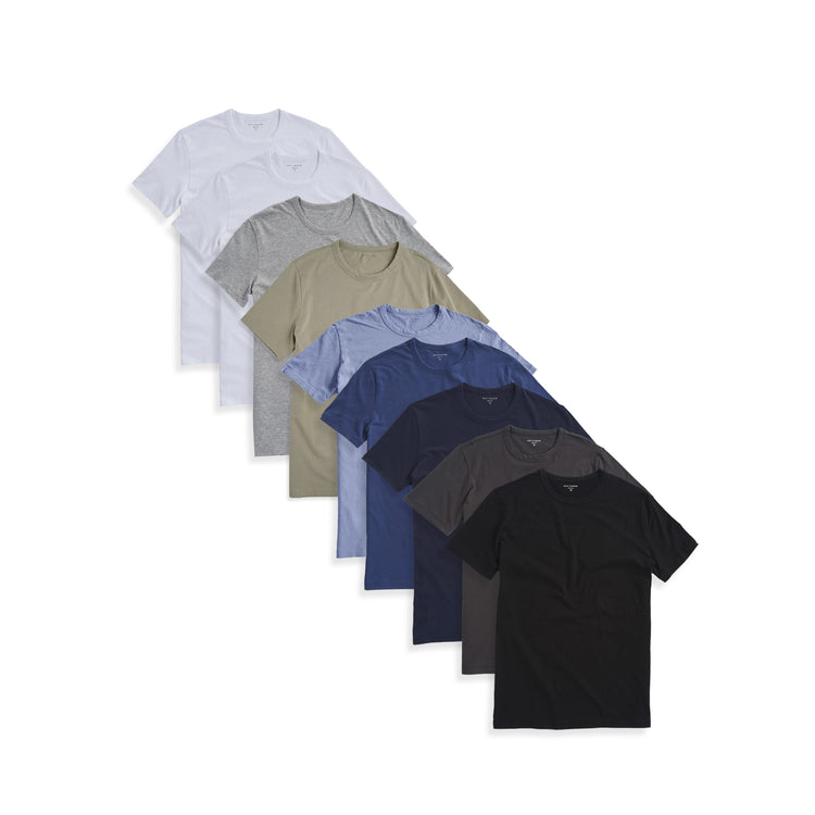  wearing Black/Dark Gray/Navy/Military Green/Baltic Blue/Heather Gray/California Blue/2 White Classic Crew Driggs 9-Pack