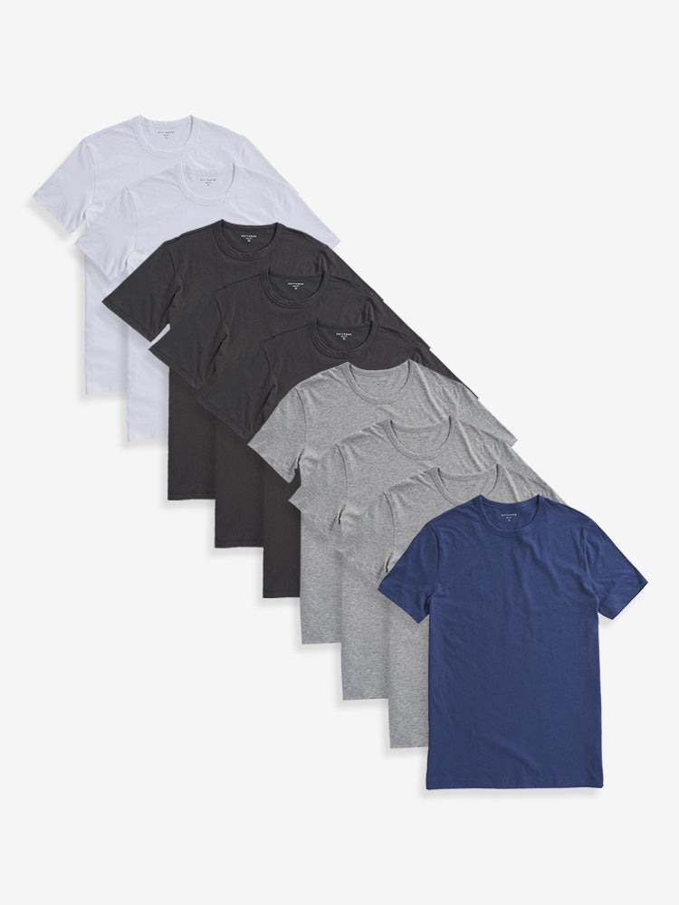 Men wearing 2 White/3 Dark Gray/3 Heather Gray/Baltic Blue Classic Crew Driggs 9-Pack