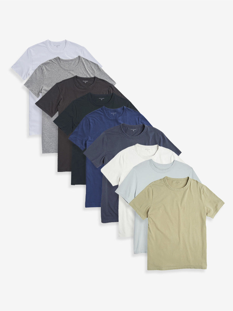 Men wearing White/Heather Gray/Baltic Blue/Pine/Dark Gray/Blue Slate/Surf/Bone/Desert Classic Crew Driggs 9-Pack tees