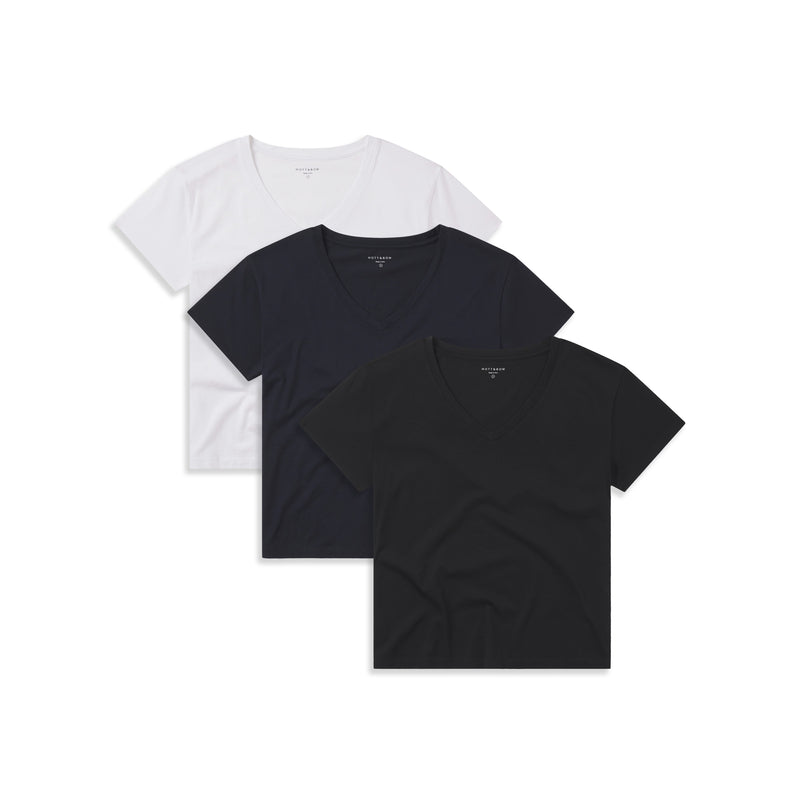  wearing White/Black/Navy The Cotton Relaxed V-Neck Tee 3-Pack