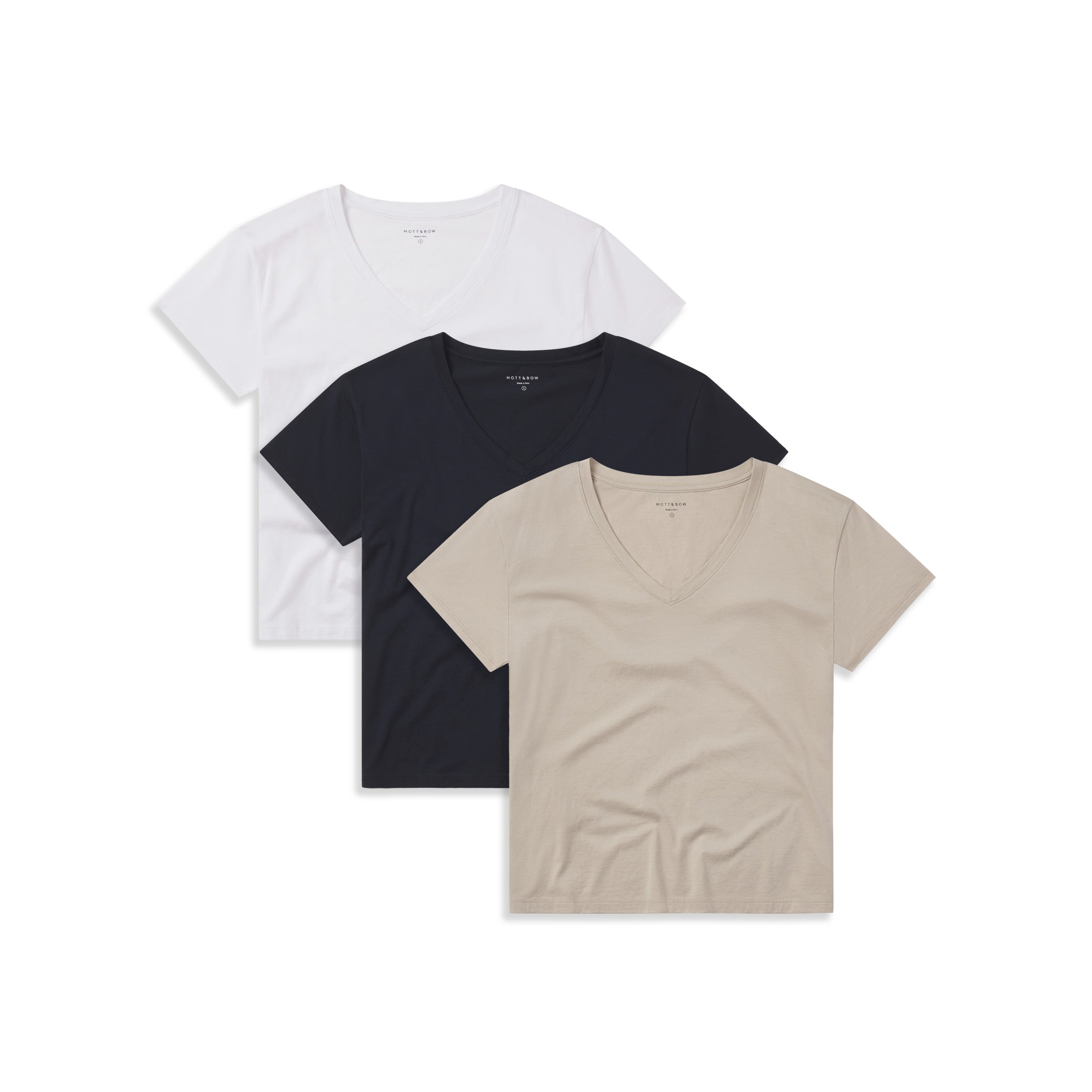  wearing White/Oat/Navy The Cotton Relaxed V-Neck Tee 3-Pack