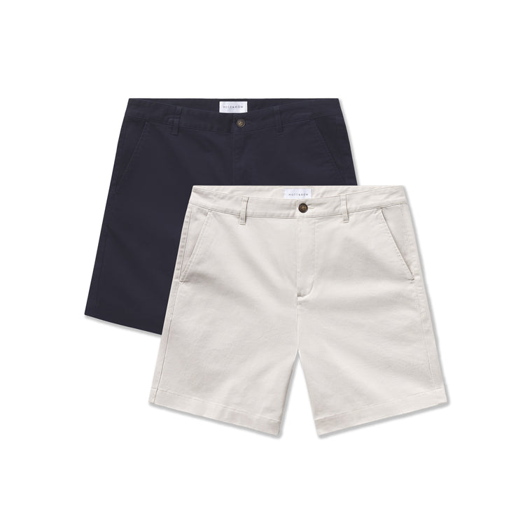  wearing Sand/Navy Stretch Chino Short 2-Pack