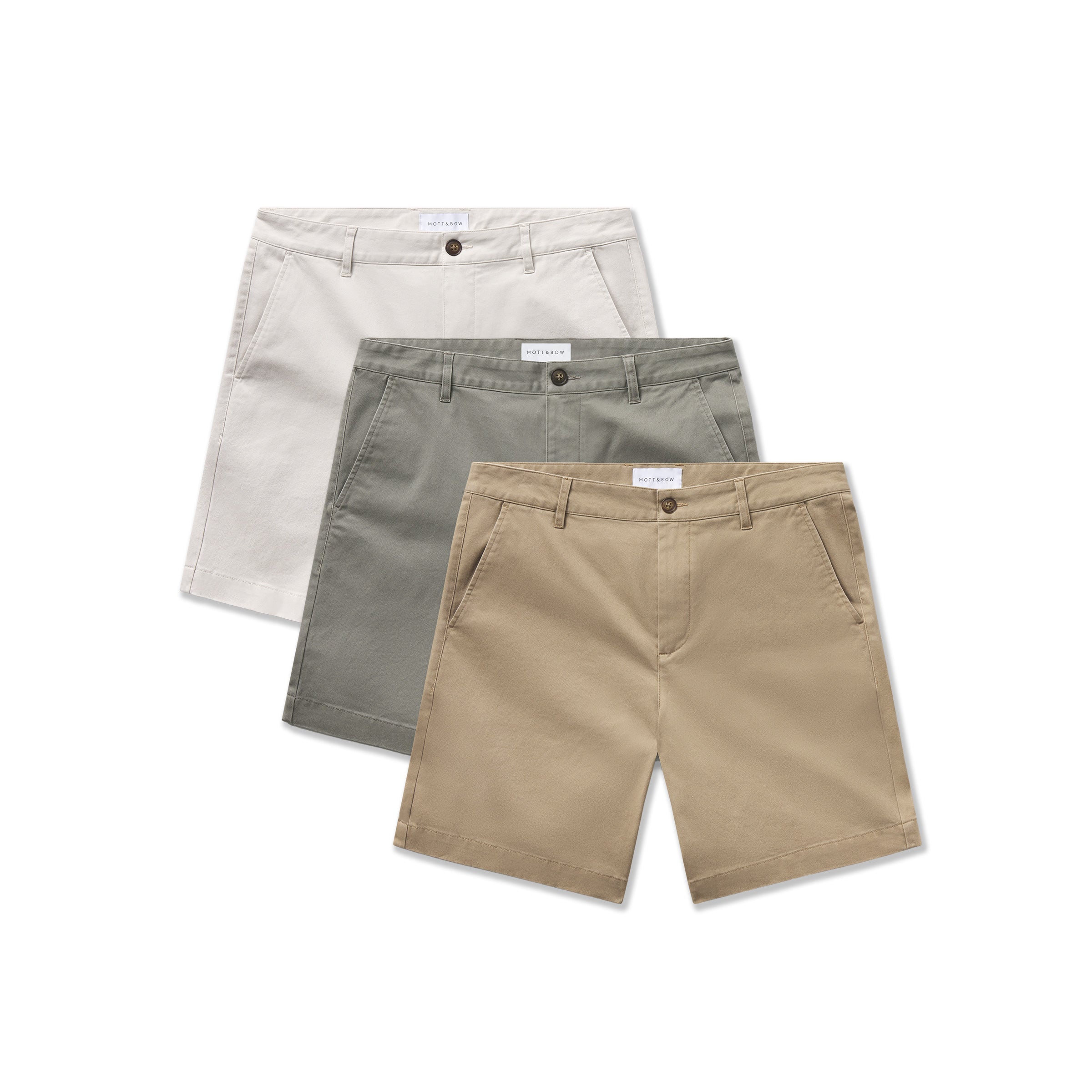  wearing Khaki/Light Sage/Sand Stretch Chino Short 3-Pack