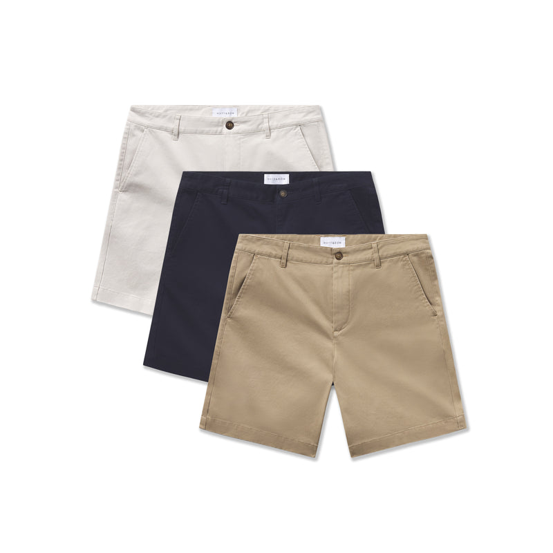  wearing Khaki/Sand/Navy Stretch Chino Short 3-Pack