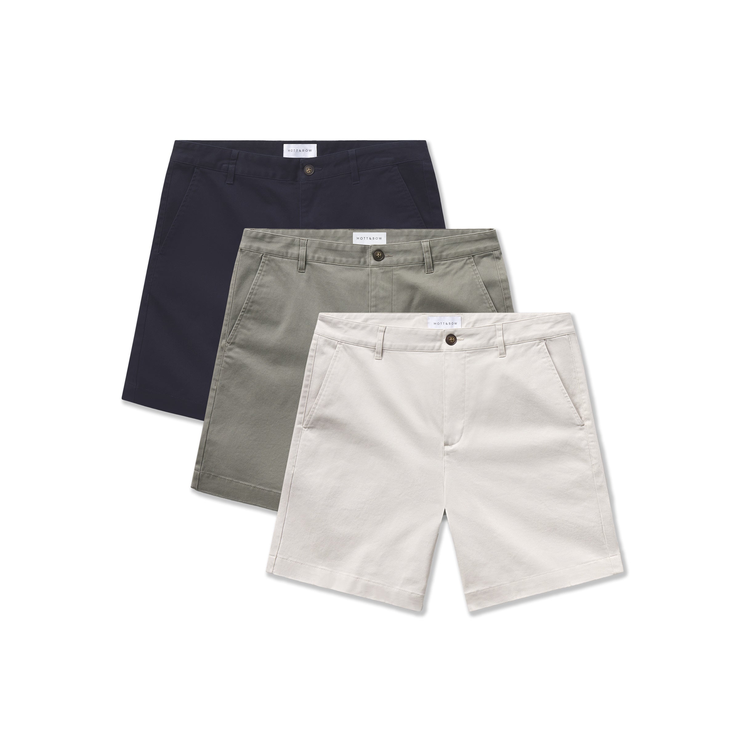  wearing Navy/Light Sage/Sand Stretch Chino Short 3-Pack