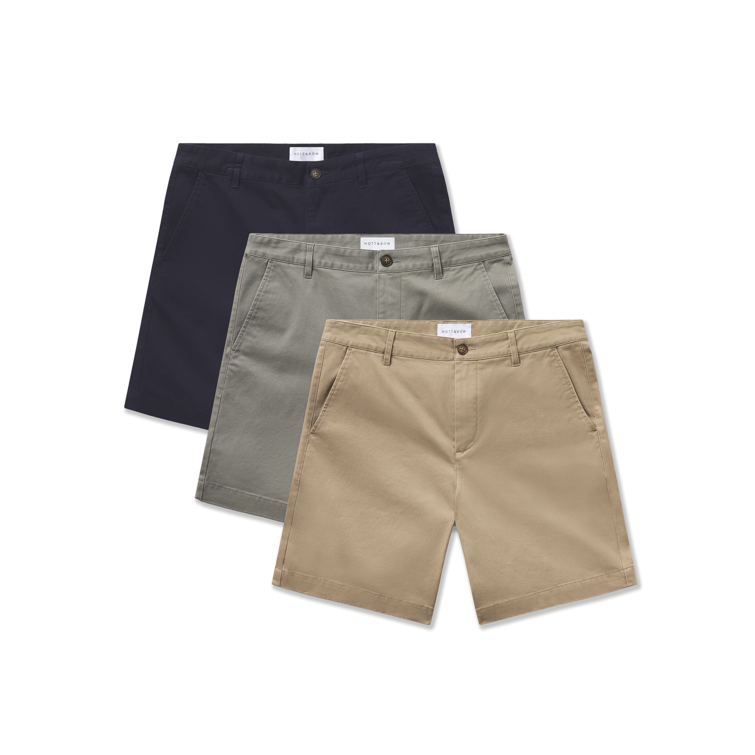  wearing Navy/Light Sage/Khaki Stretch Chino Short 3-Pack