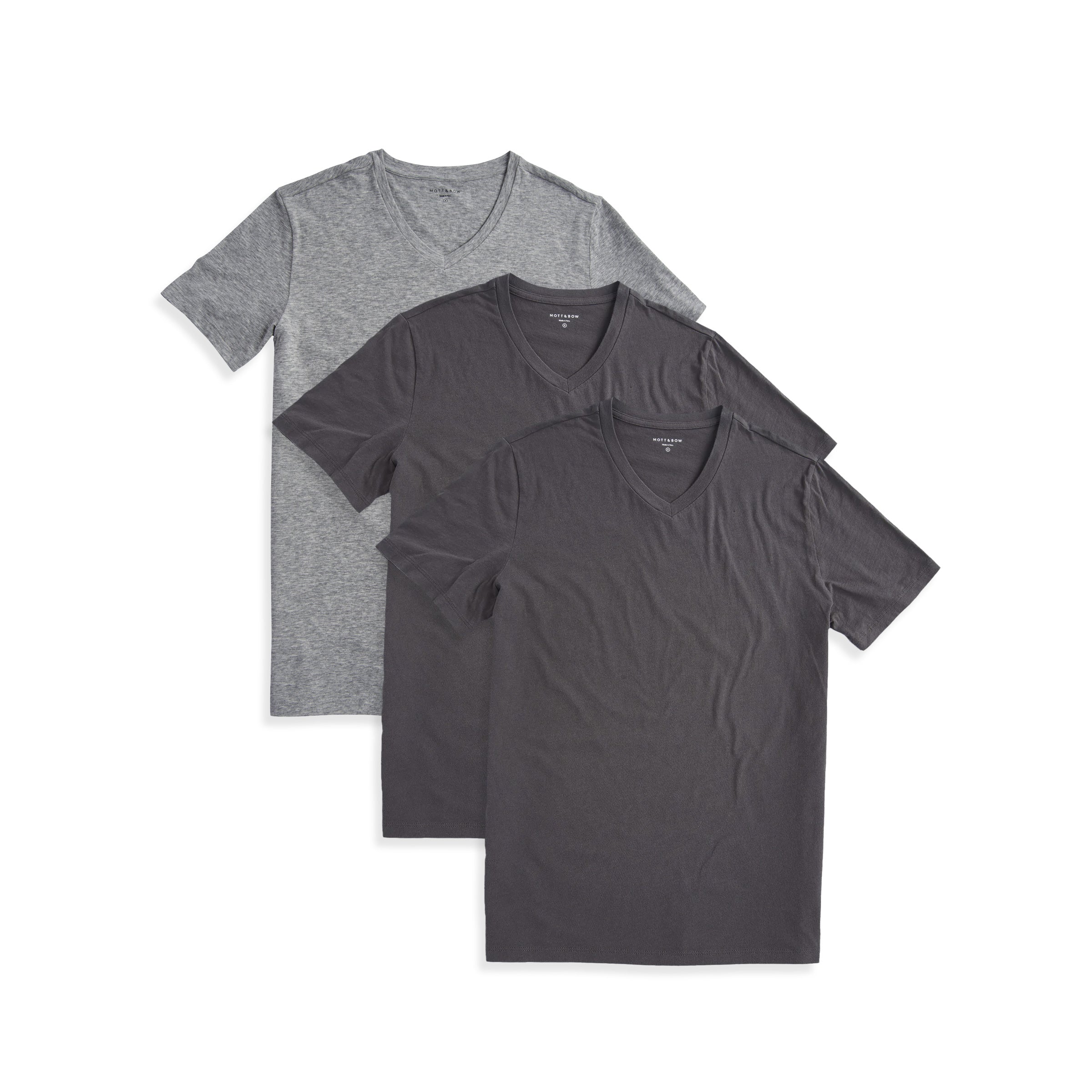  wearing 2 Dark Gray/Heather Gray Classic V-Neck Driggs 3-Pack