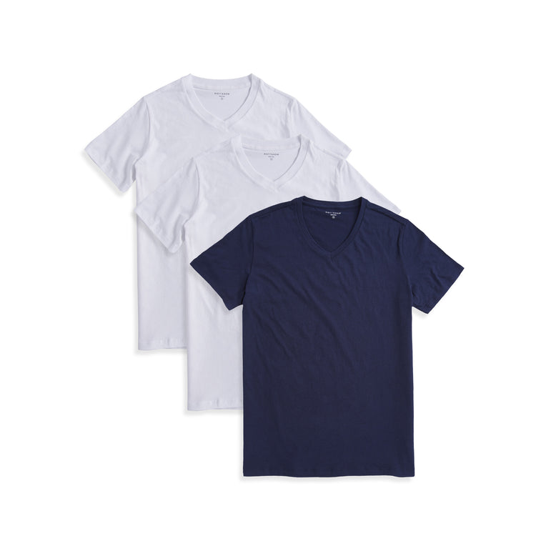  wearing 2 White/Navy Classic V-Neck Driggs 3-Pack