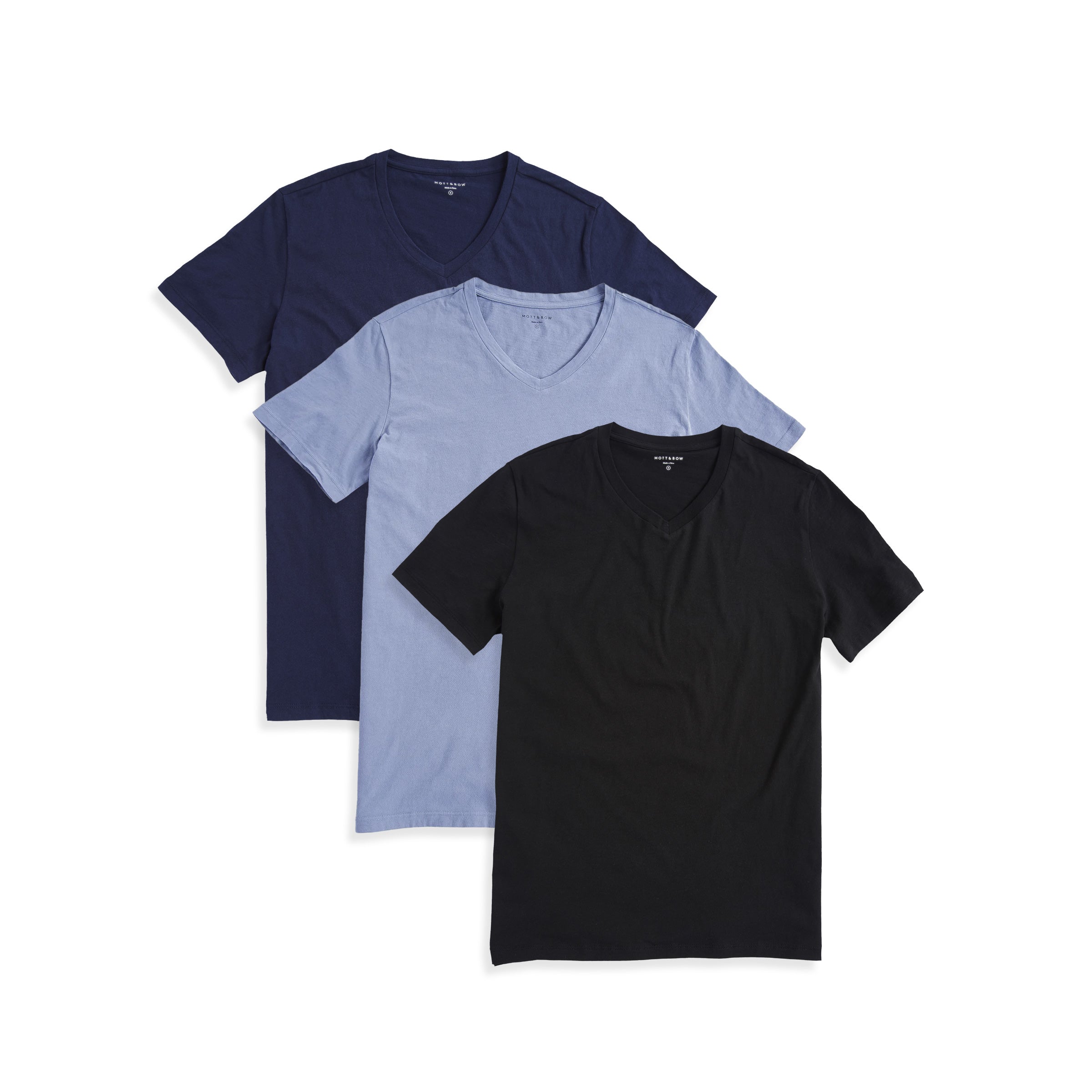  wearing Black/Navy/California Blue Classic V-Neck Driggs 3-Pack