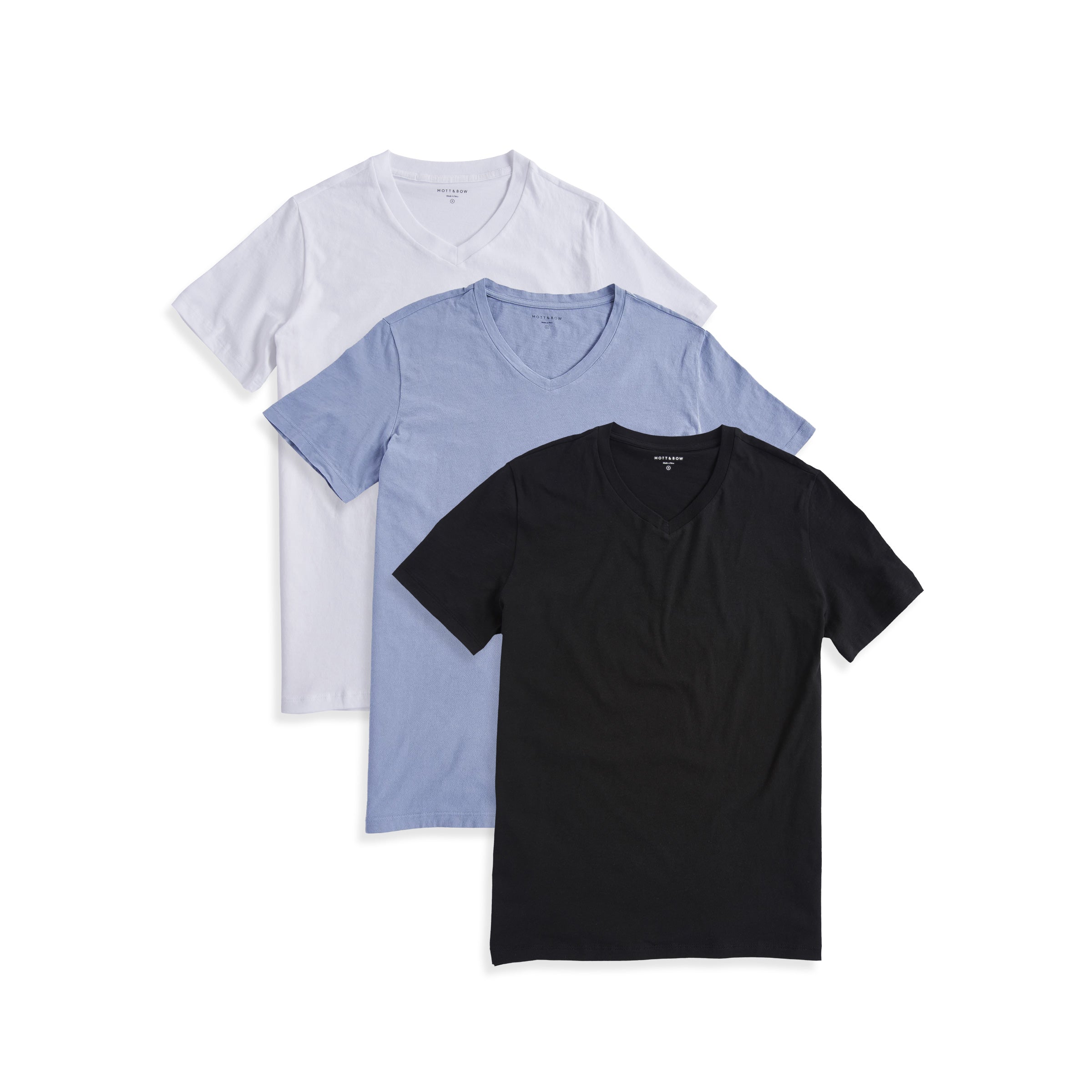  wearing Black/White/California Blue Classic V-Neck Driggs 3-Pack