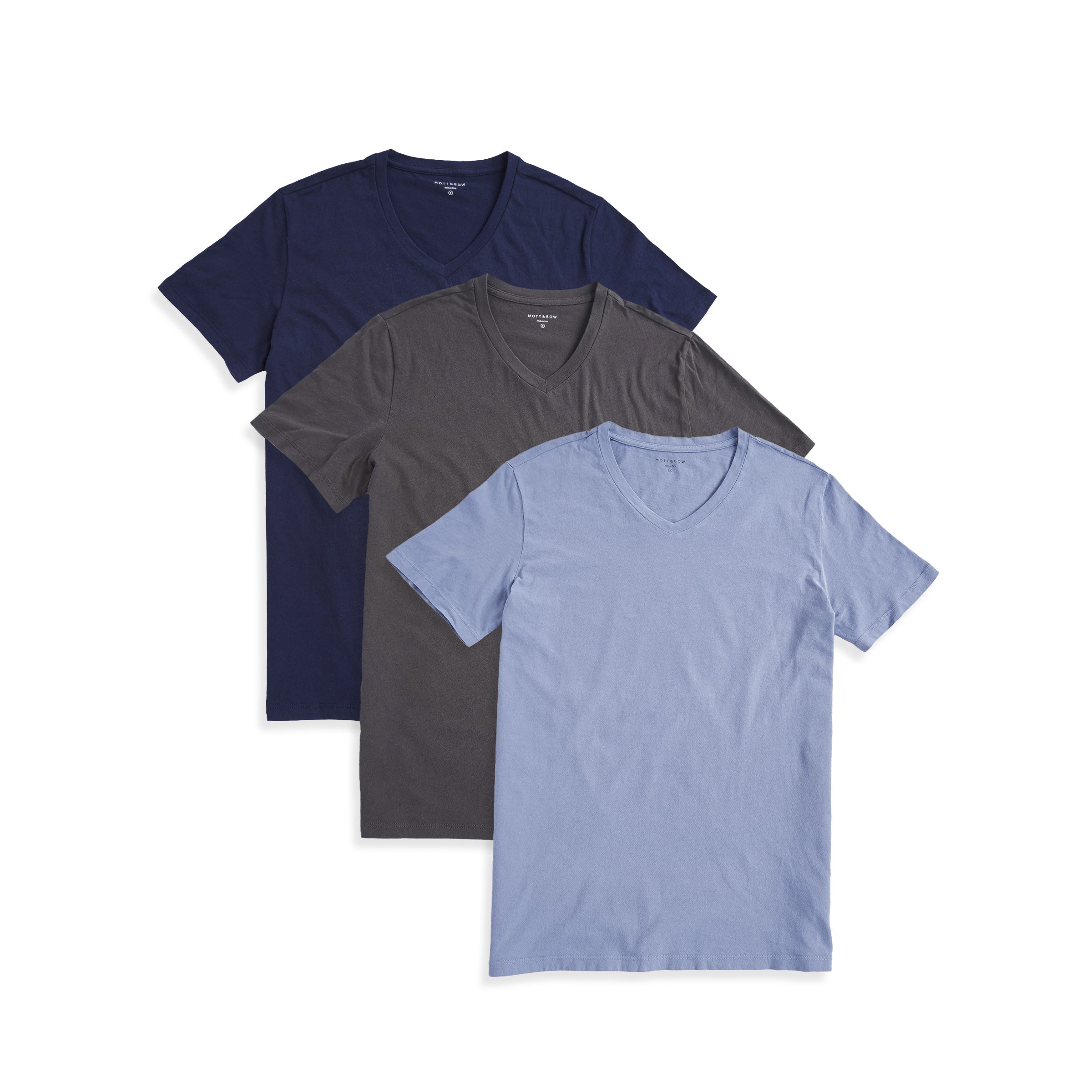  wearing Dark Gray/California Blue/Navy Classic V-Neck Driggs 3-Pack