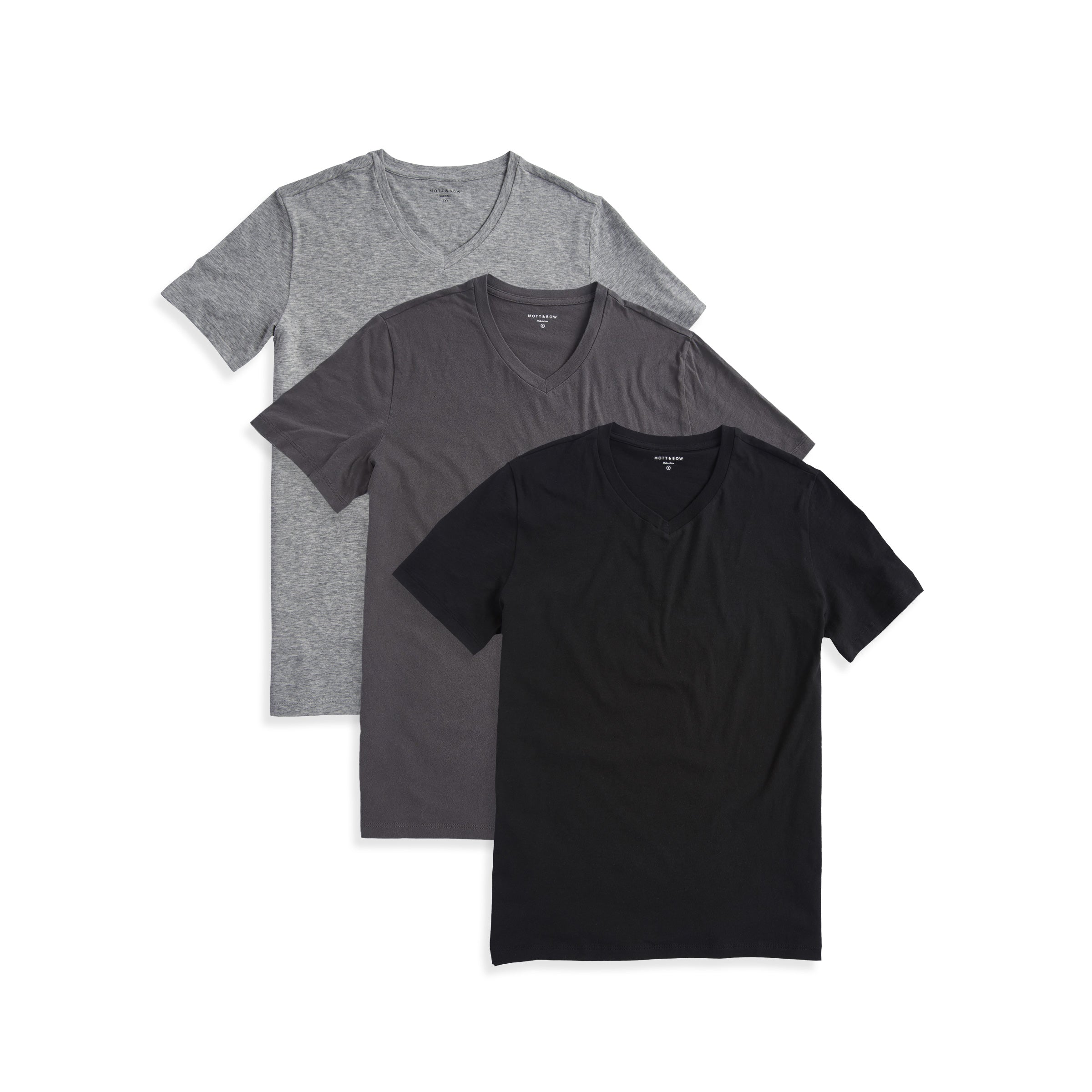  wearing Heather Gray/Black/Dark Gray Classic V-Neck Driggs 3-Pack