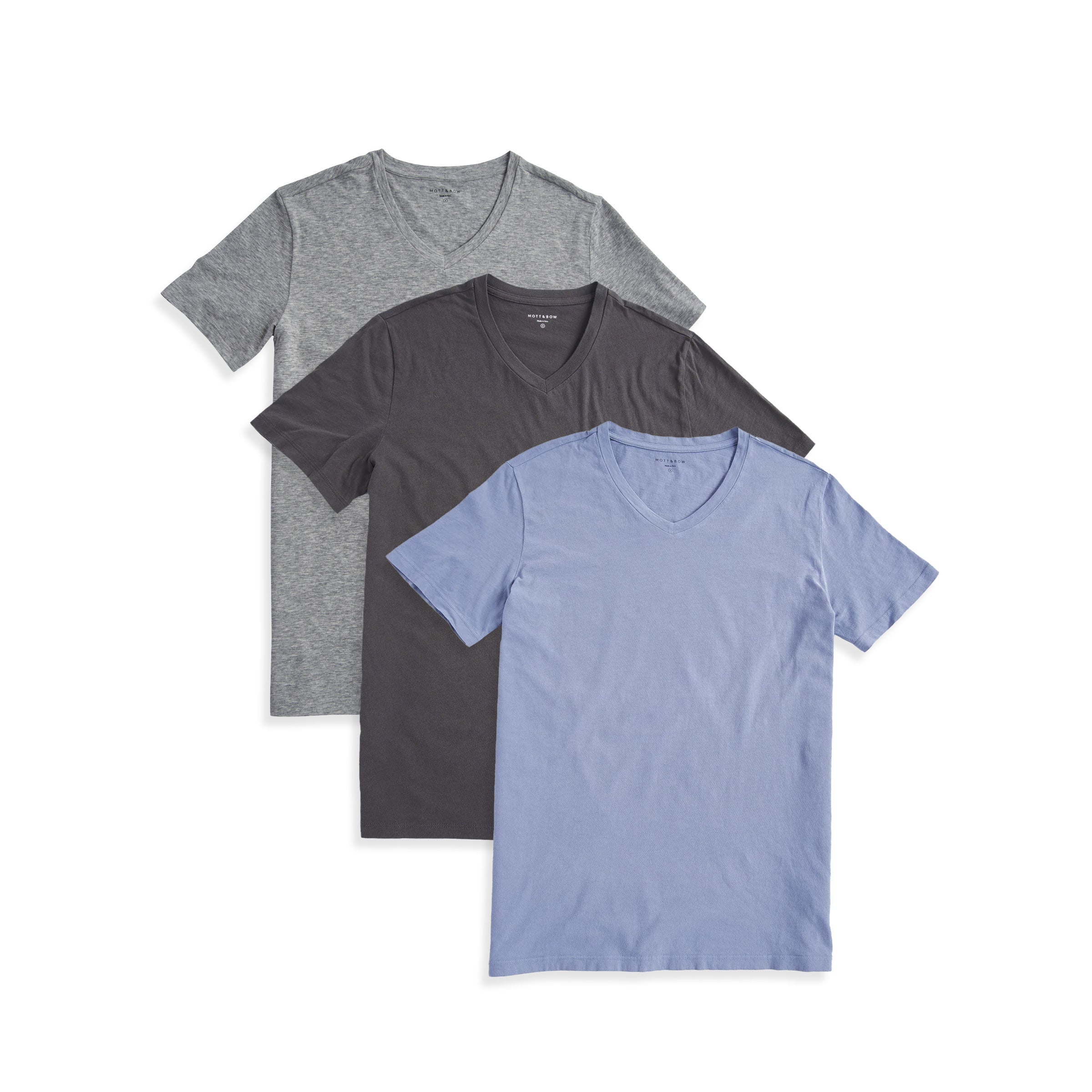  wearing Heather Gray/Dark Gray/California Blue Classic V-Neck Driggs 3-Pack