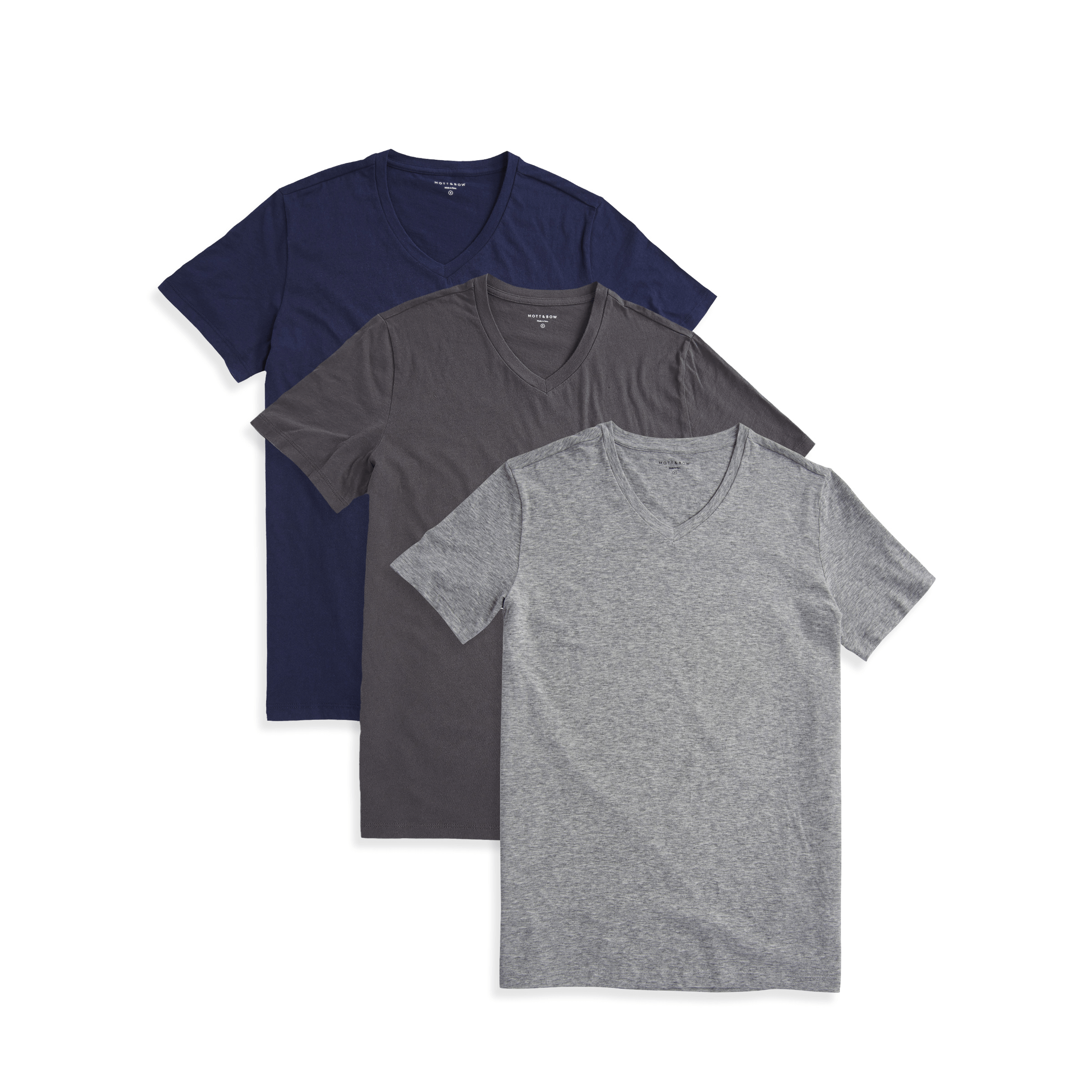  wearing Navy/Dark Gray/Heather Gray Classic V-Neck Driggs 3-Pack