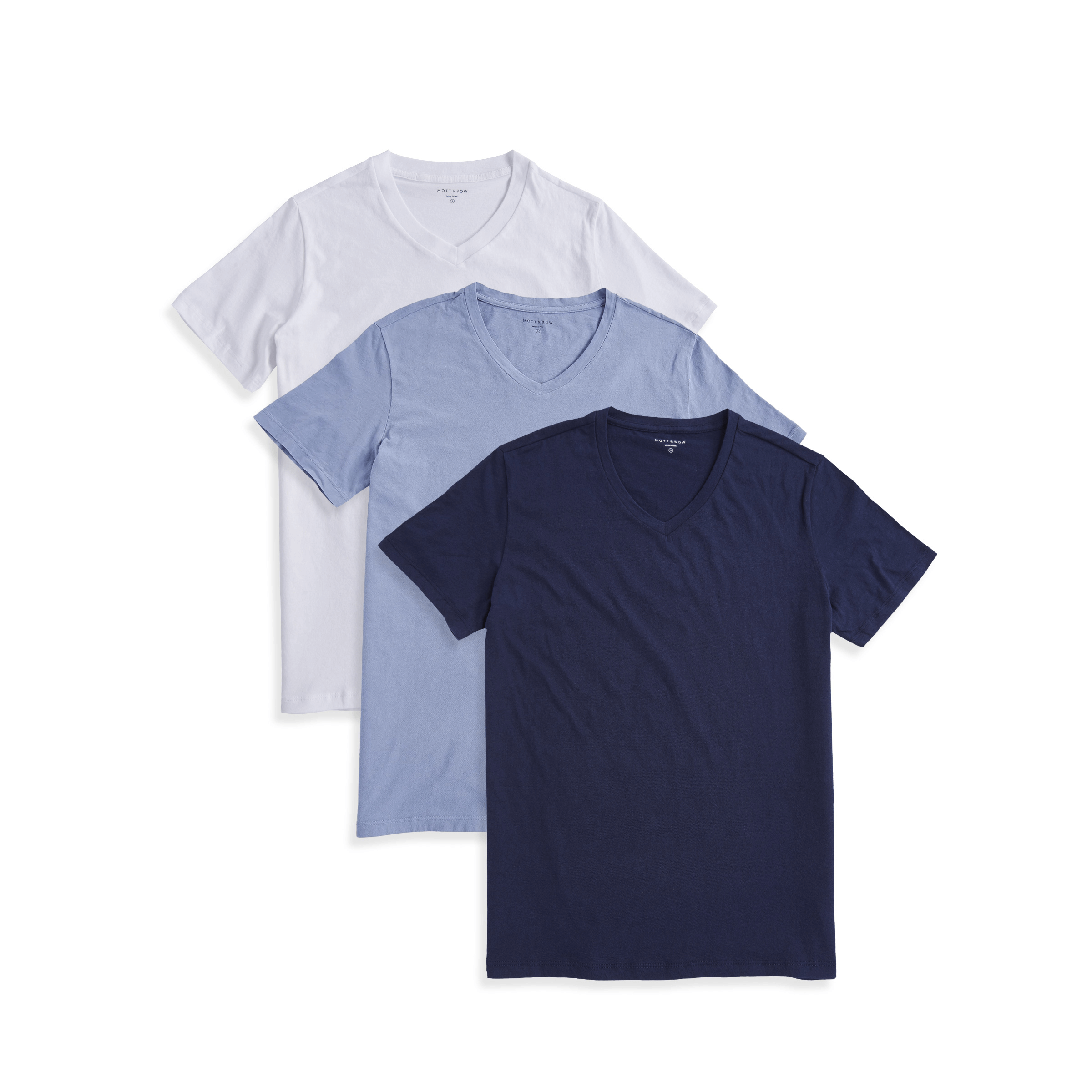  wearing White/California Blue/Navy Classic V-Neck Driggs 3-Pack