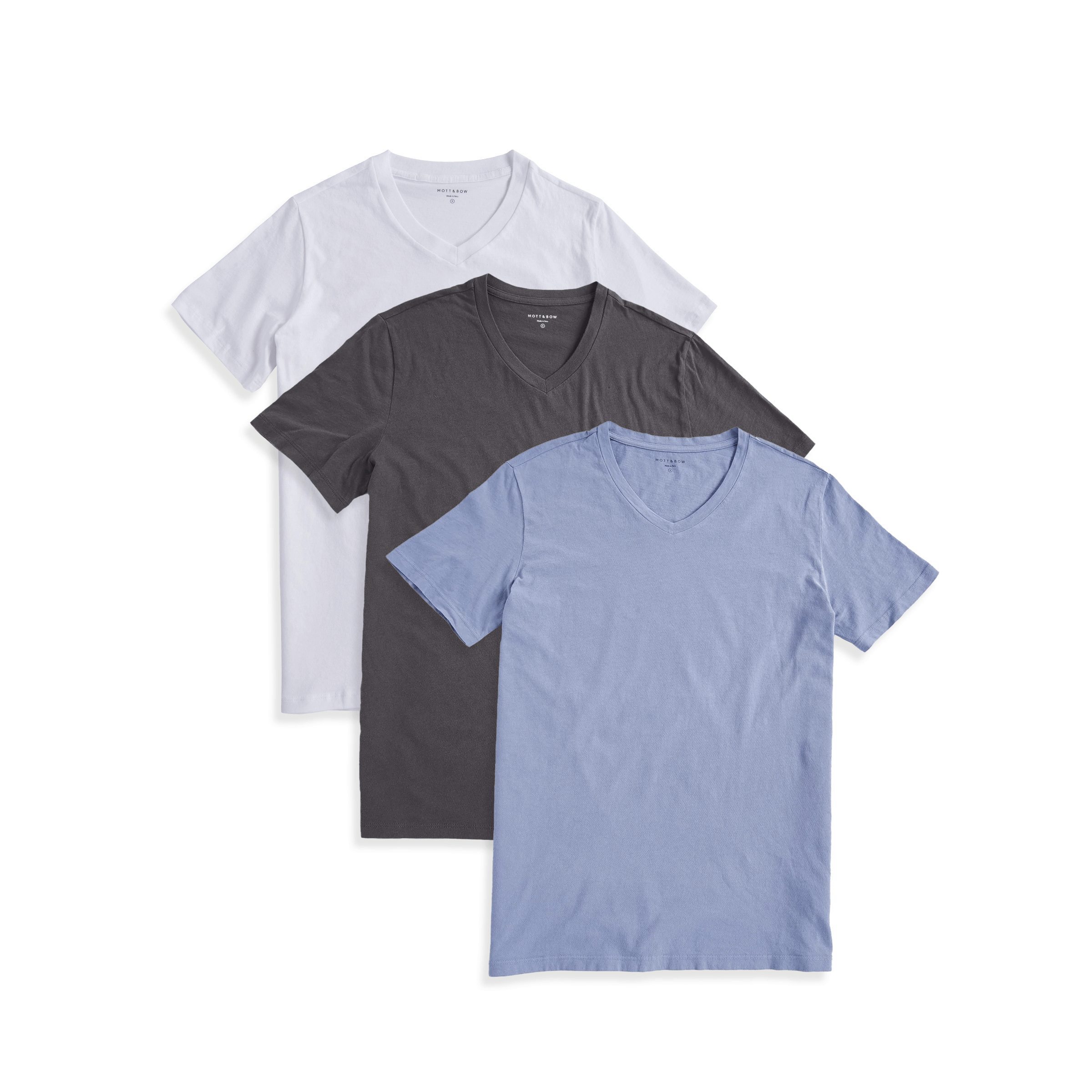  wearing White/Dark Gray/California Blue Classic V-Neck Driggs 3-Pack