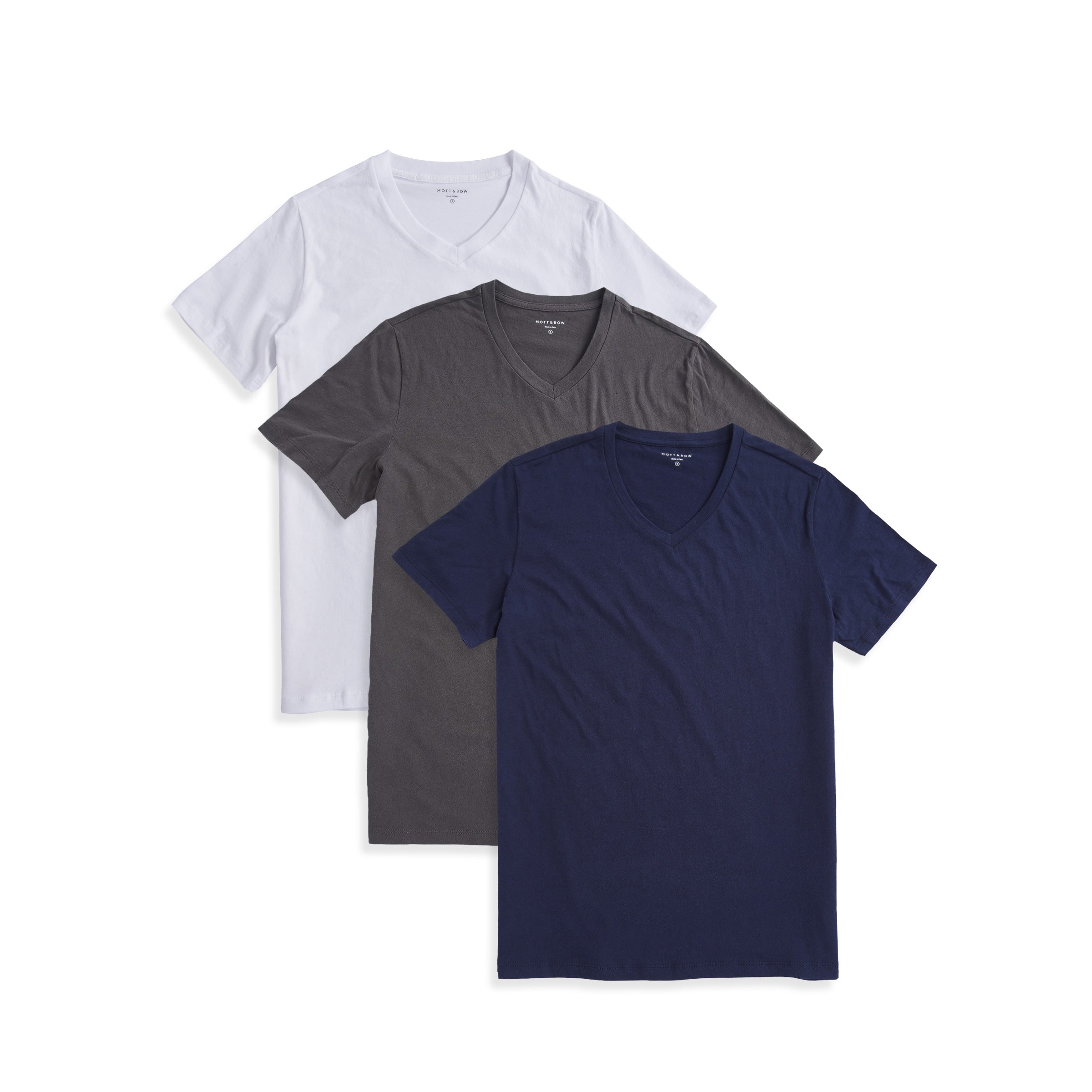  wearing White/Navy/Dark Gray Classic V-Neck Driggs 3-Pack