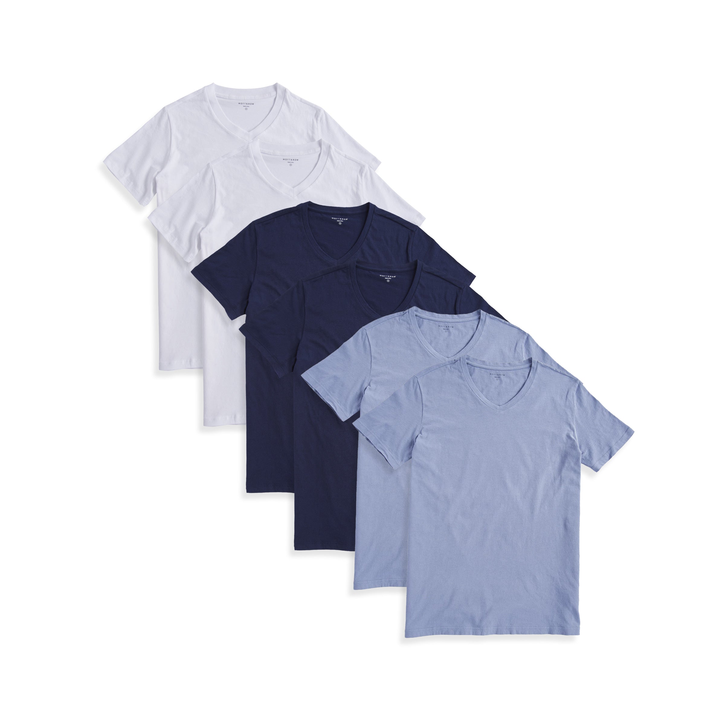  wearing White/Navy/California Blue Classic V-Neck Driggs 6-Pack