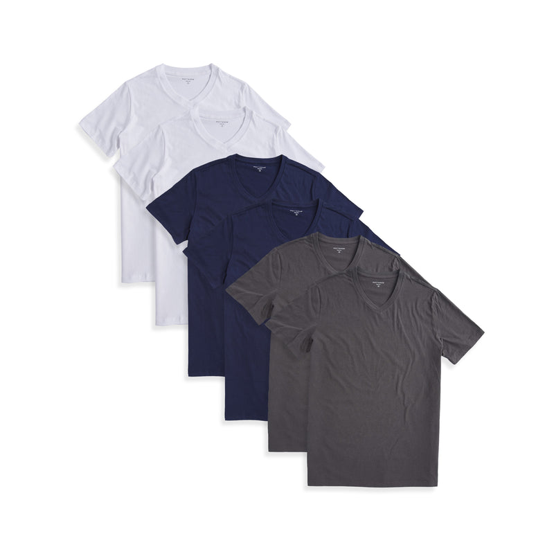  wearing White/Navy/Dark Gray Classic V-Neck Driggs 6-Pack