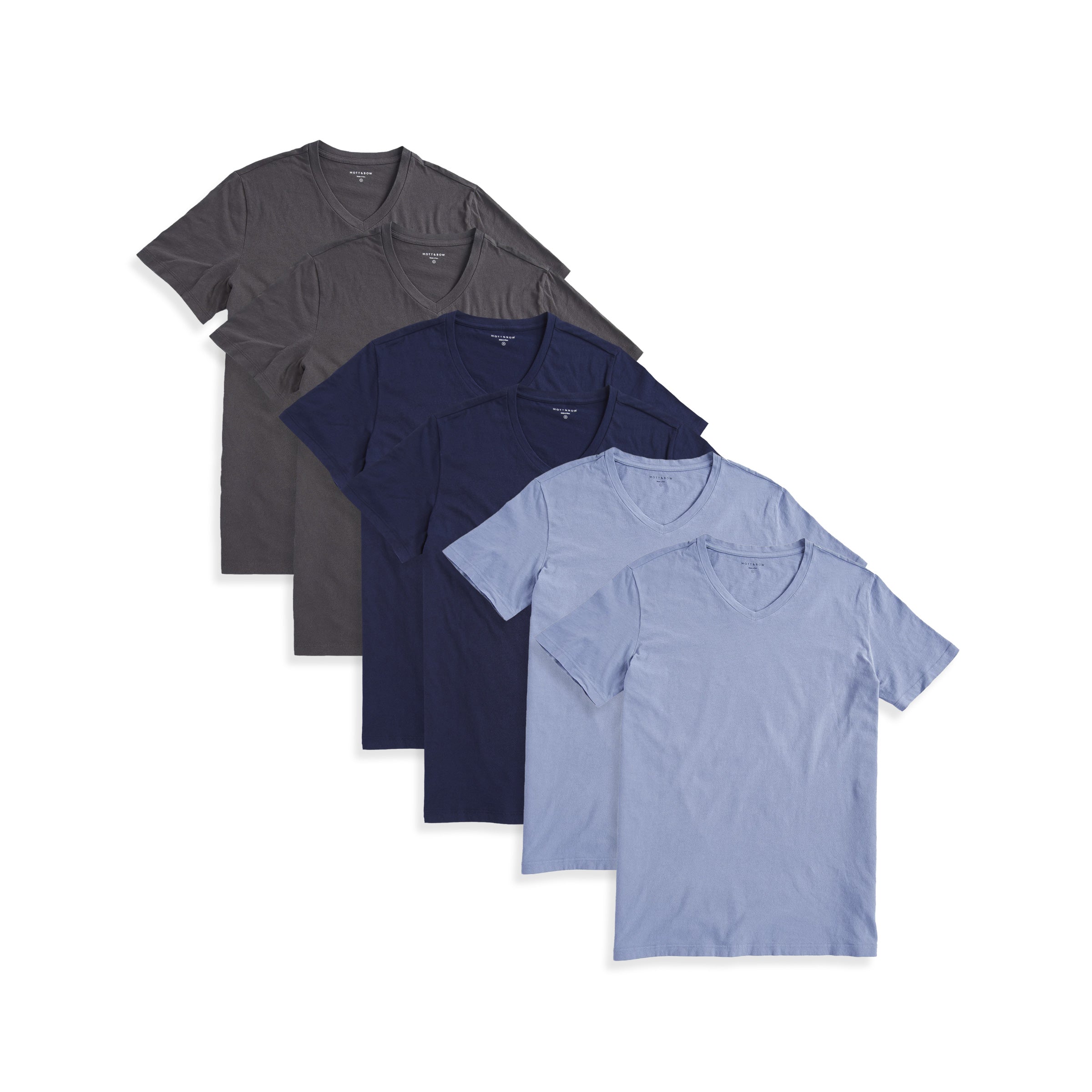  wearing 2 Dark Gray/2 California Blue/2 Navy Classic V-Neck Driggs 6-Pack