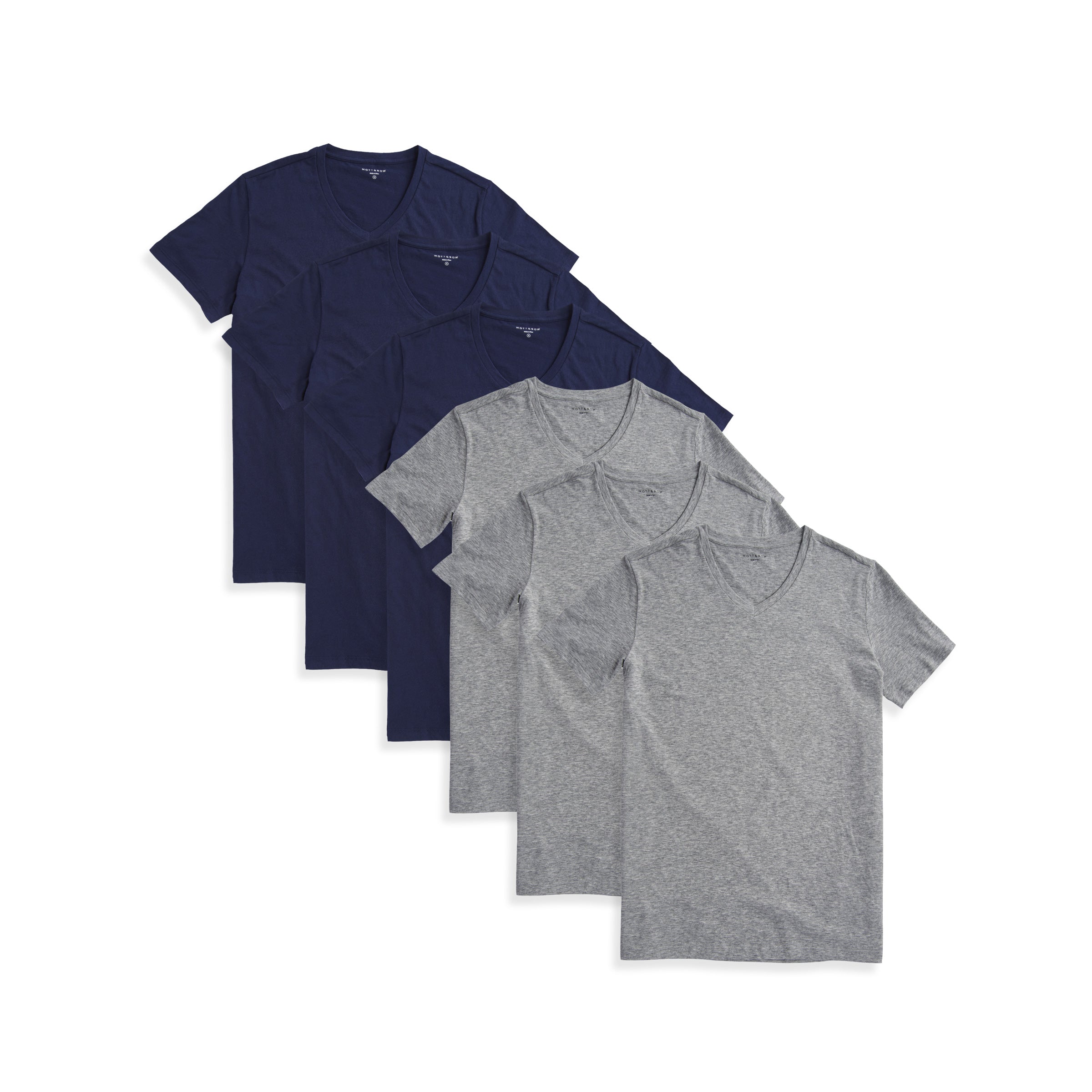  wearing 3 Navy/3 Heather Gray Classic V-Neck Driggs 6-Pack