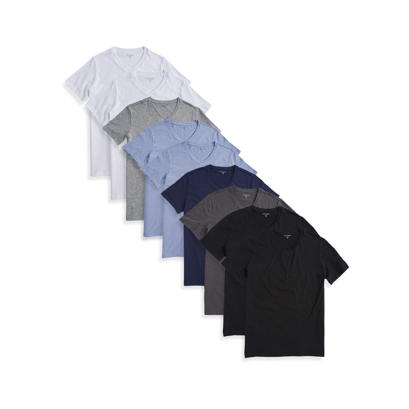  wearing 2 Black/Dark Gray/Navy/2 California Blue/Heather Gray/2 White Classic V-Neck Driggs 9-Pack