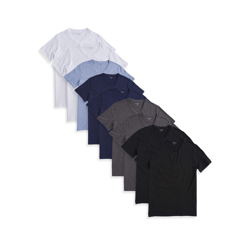  wearing 2 Black/2 Dark Gray/ 2 Navy/California Blue/2 White Classic V-Neck Driggs 9-Pack