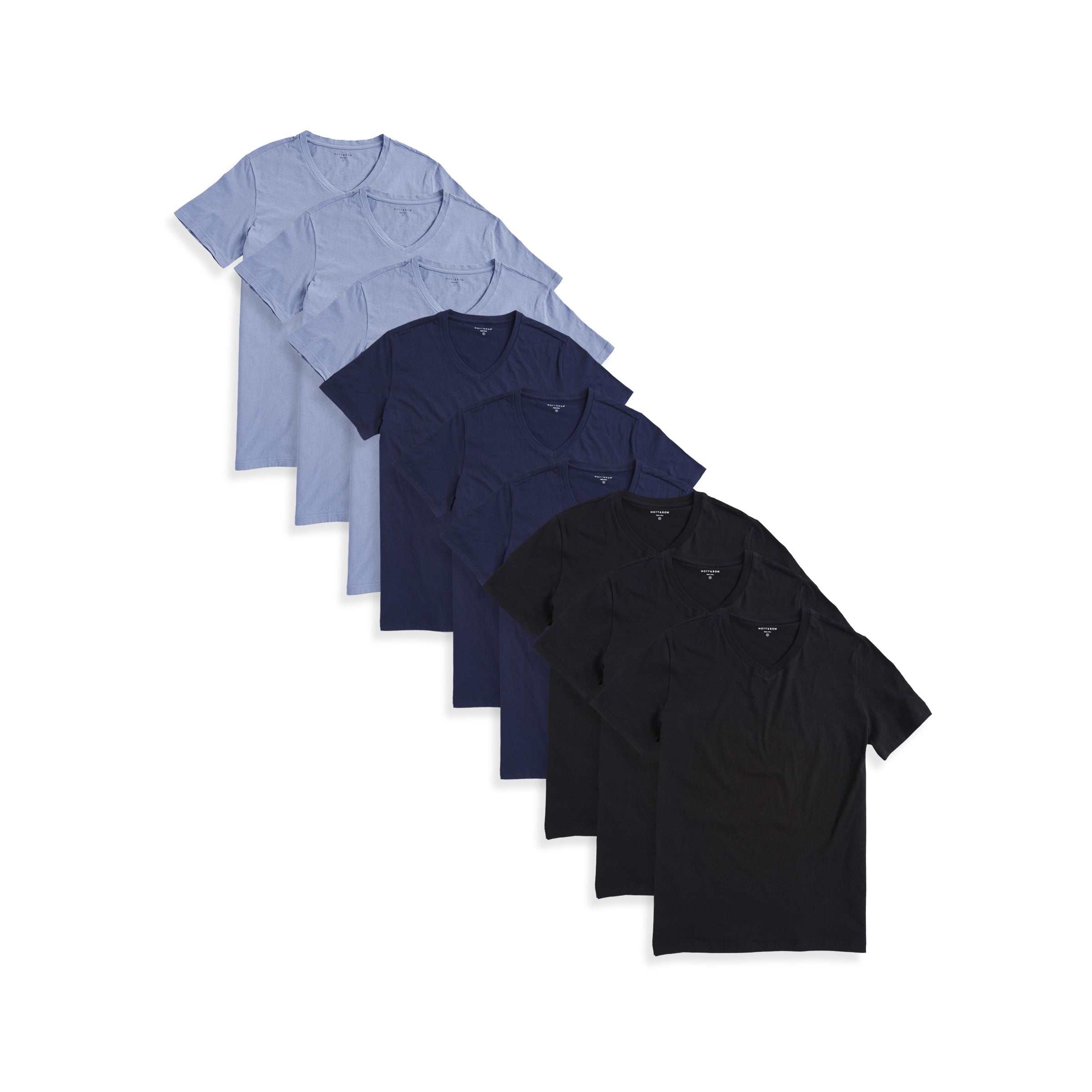  wearing 3 Black/ 3 Navy/3 California Blue Classic V-Neck Driggs 9-Pack