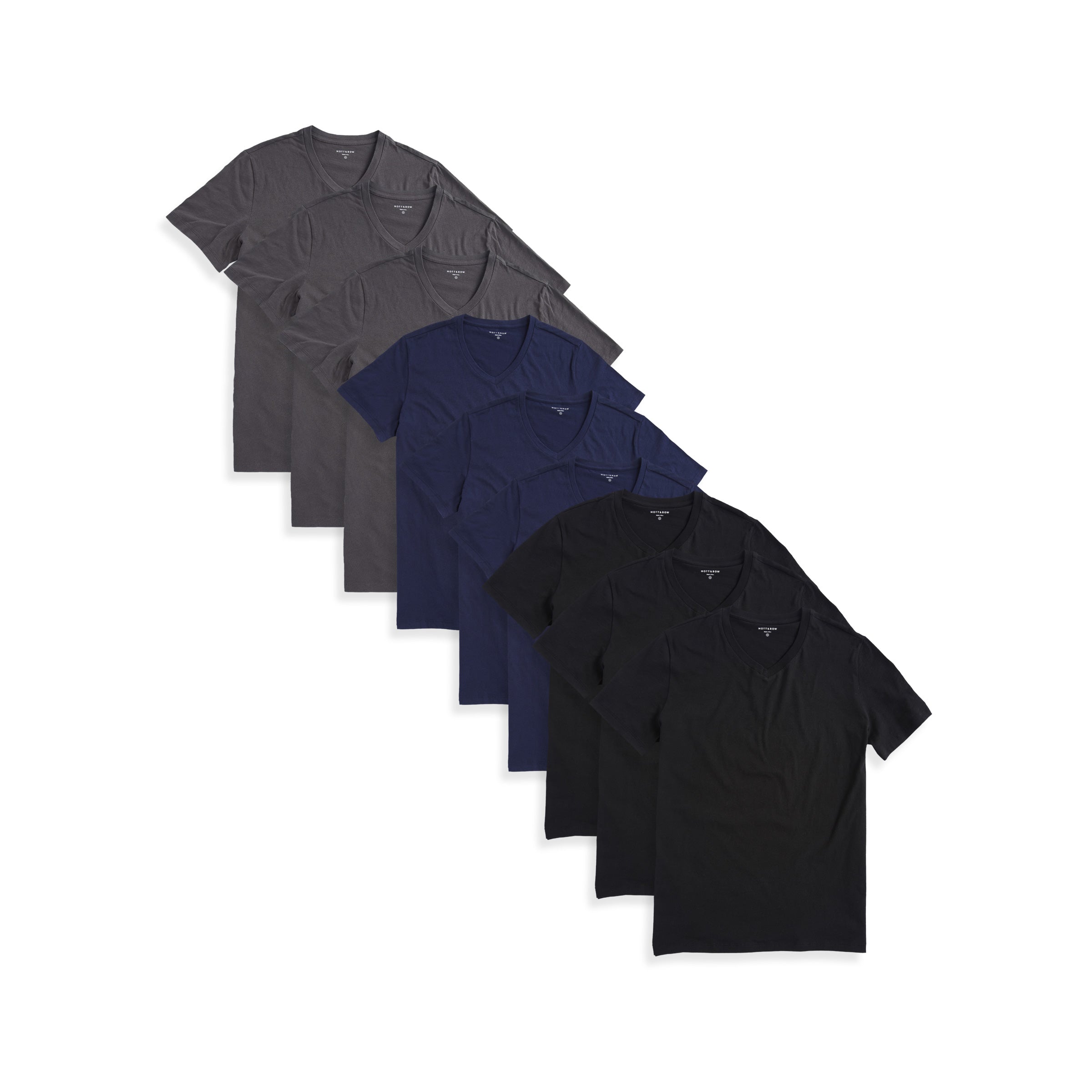  wearing 3 Black/3 Navy/3 Dark Gray Classic V-Neck Driggs 9-Pack