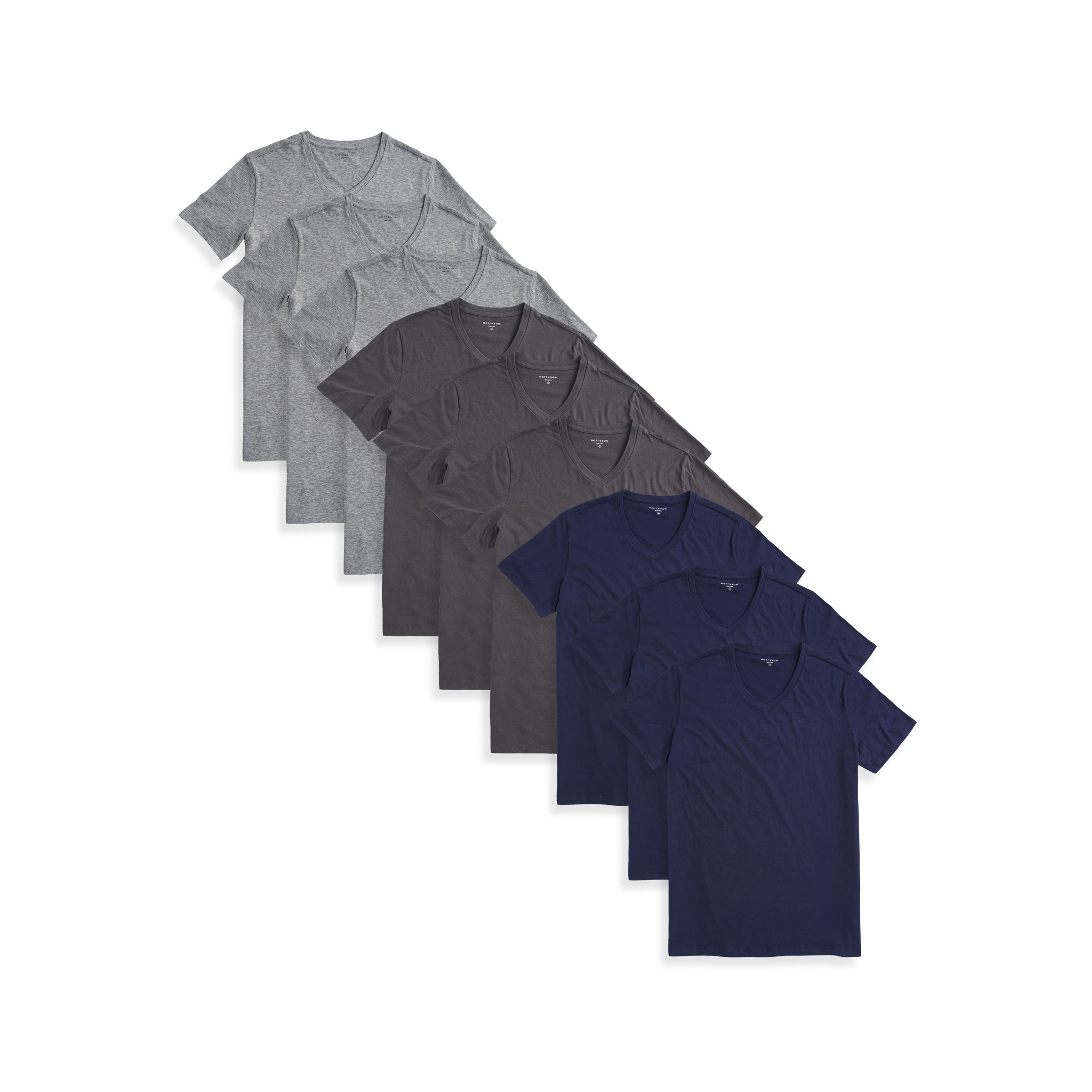  wearing 3 Heather Gray/3 Dark Gray/3 Navy Classic V-Neck Driggs 9-Pack