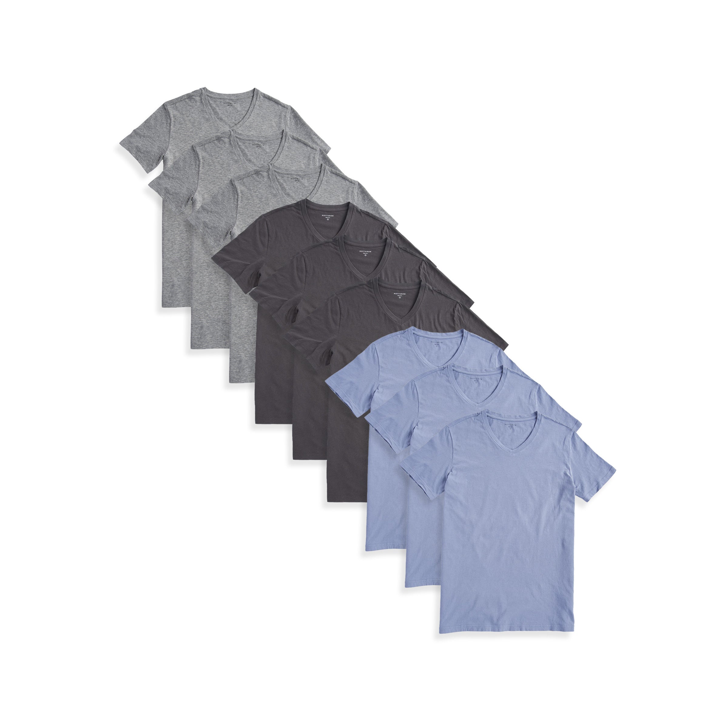  wearing 3 Heather Gray/3 Dark Gray/3 California Blue Classic V-Neck Driggs 9-Pack