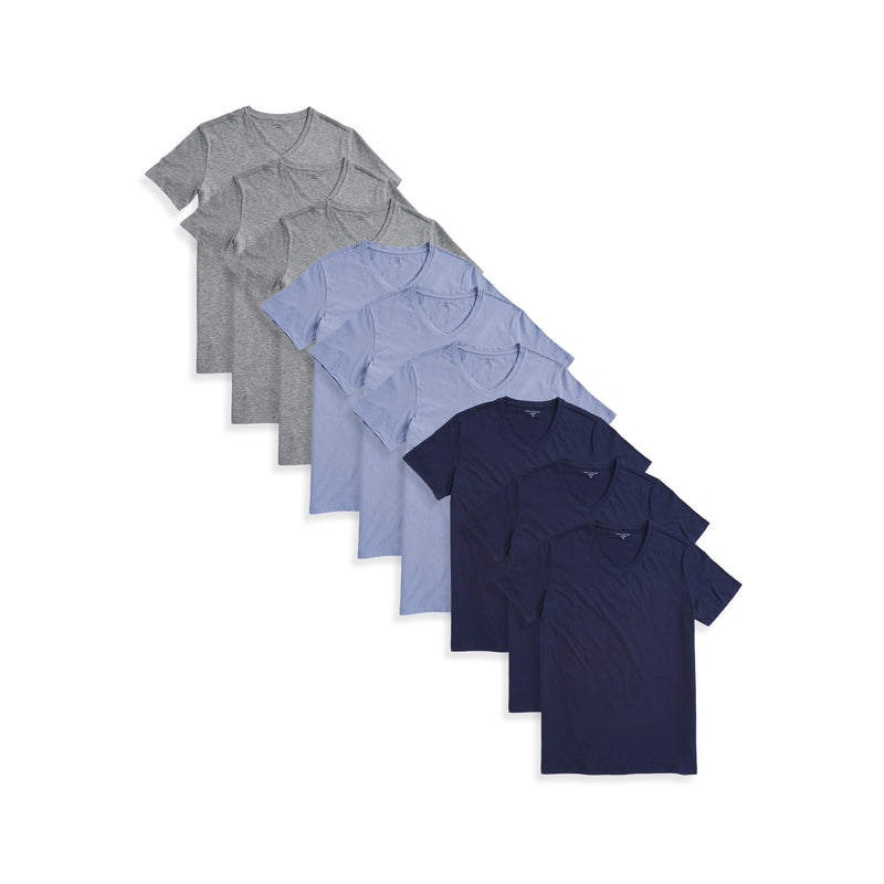  wearing 3 Heather Gray/3 Navy/3 California Blue Classic V-Neck Driggs 9-Pack