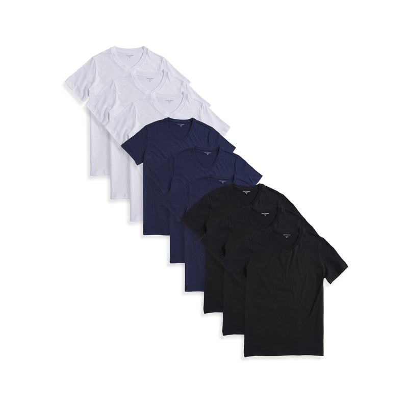  wearing 3 White/3 Black/3 Navy Classic V-Neck Driggs 9-Pack