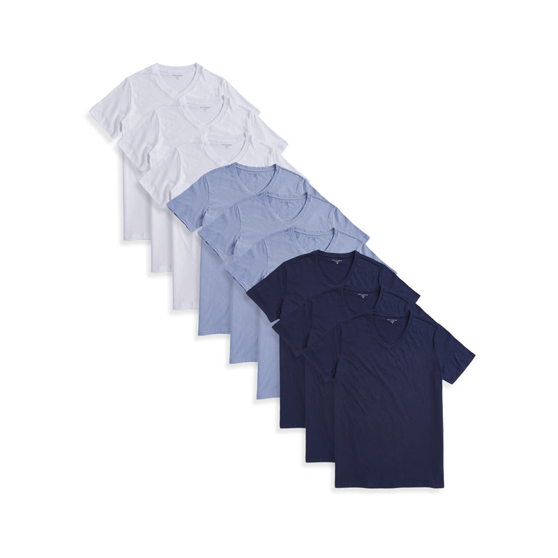  wearing 3 White/3 California Blue/3 Navy Classic V-Neck Driggs 9-Pack