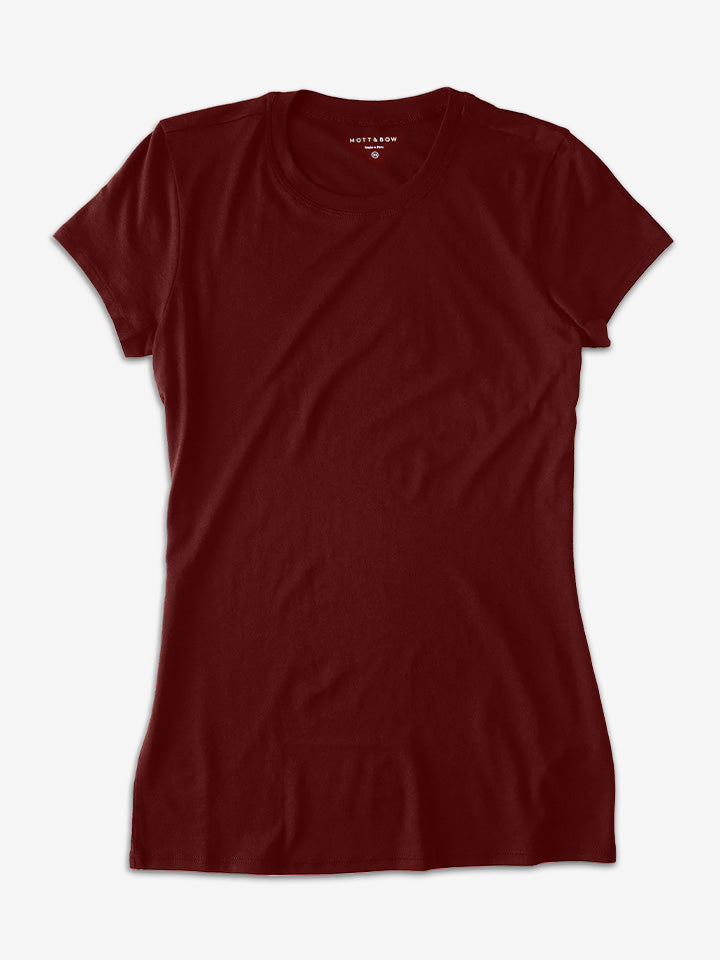 Women wearing Crimson Fitted Crew Marcy Tee