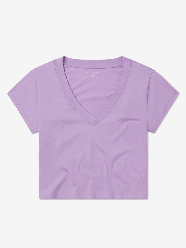 Women wearing Lilac The Cotton Boxy Deep V-Neck Tee