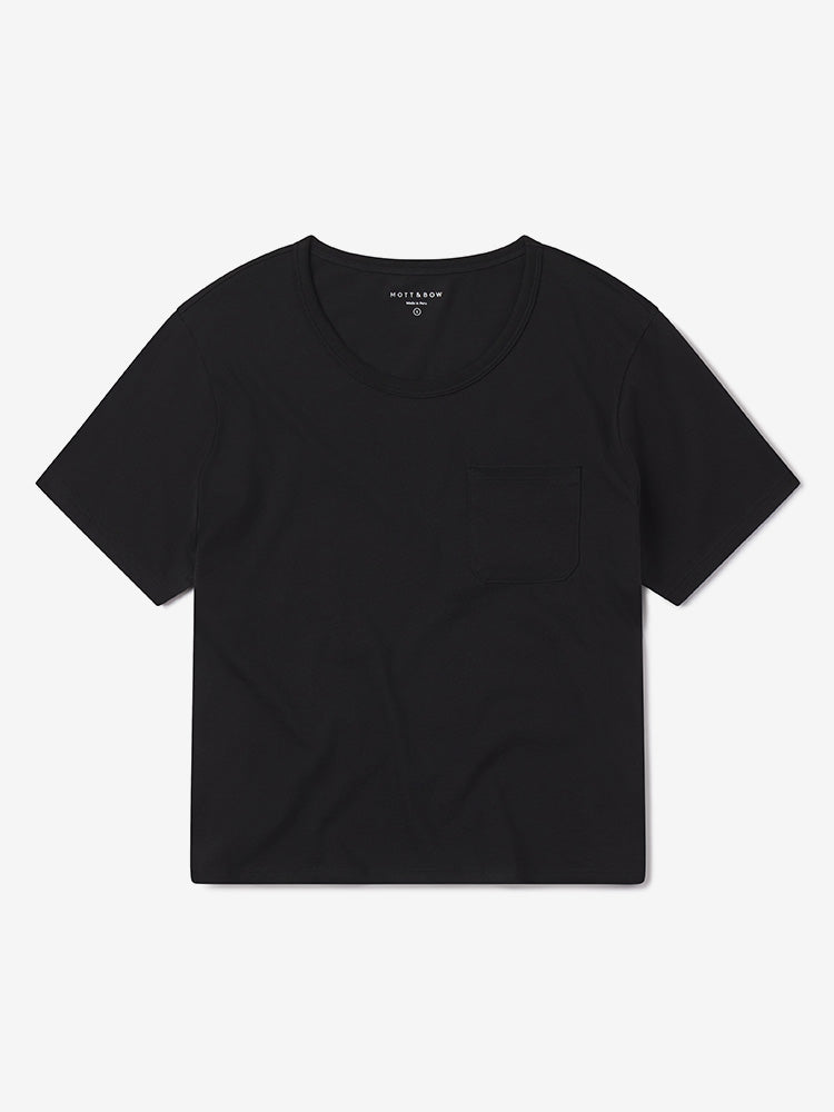 Women wearing Black The Cotton Boxy Pocket Crew Neck Tee